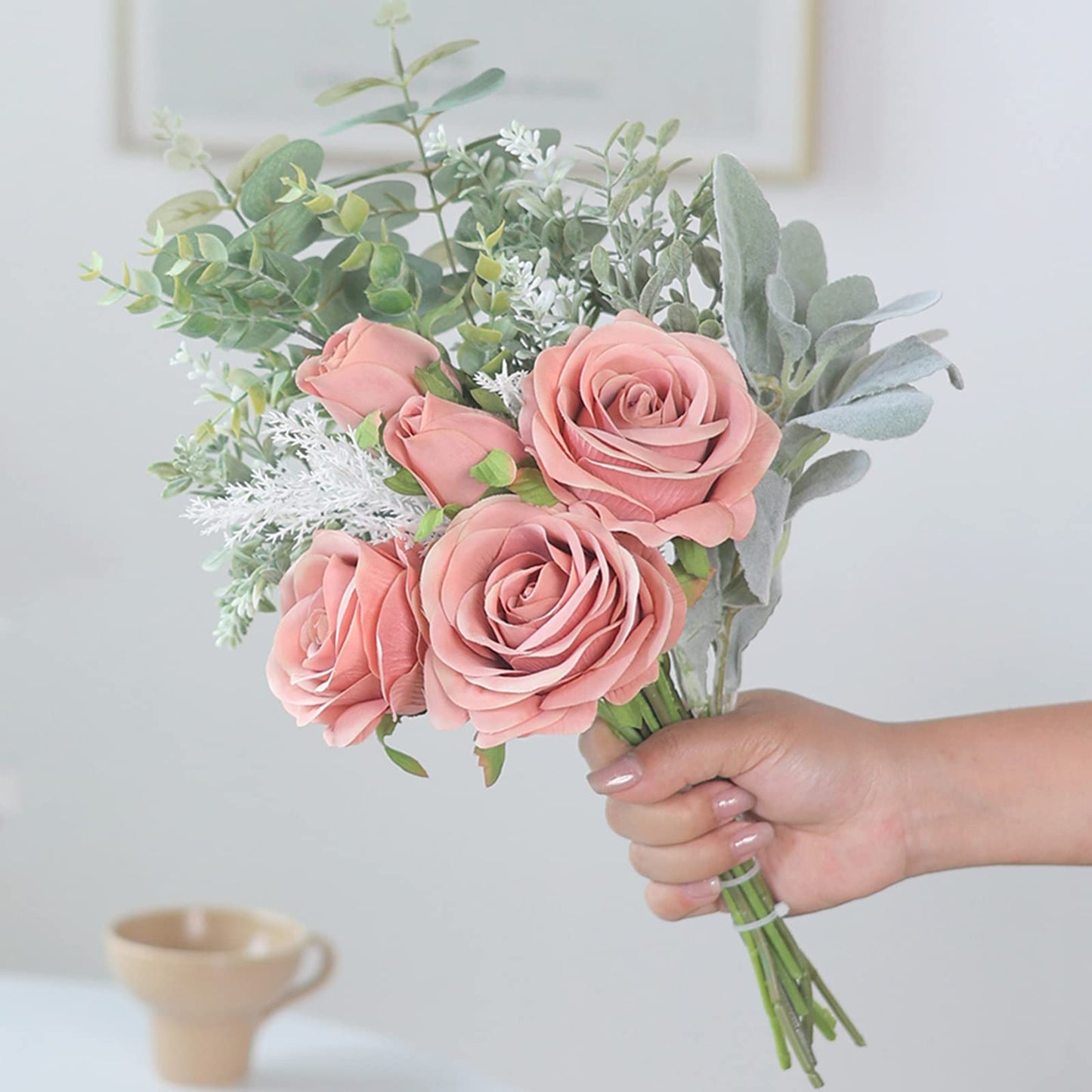 Faux Flowers with Vase,Artificial Silk Roses in Vase, Fake Plant Eucalyptus Flower Arrangement for Home Office Farmhouse Bathroom Dining Table Centerpiece Decorations Coffee Table Decor (Dusty Pink)