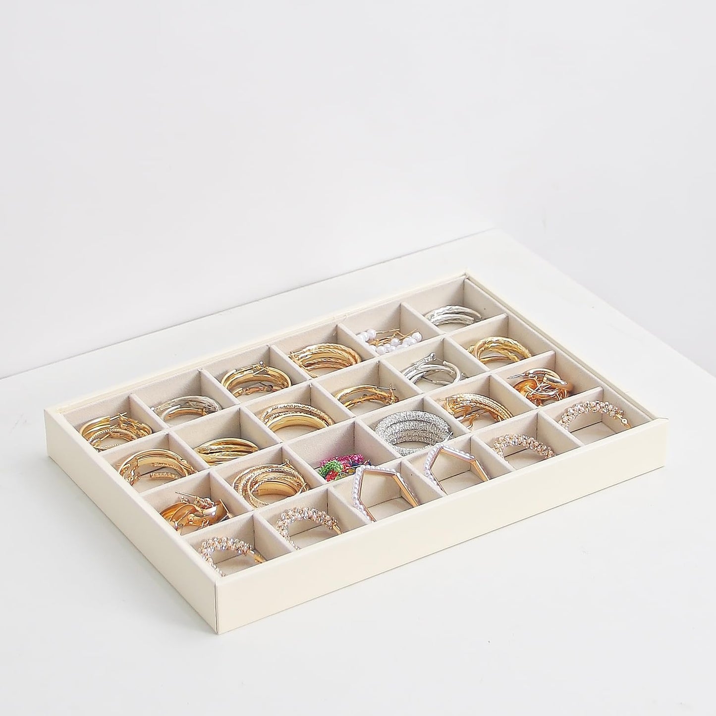 Ausalivan Stackable Jewelry Organizer Tray For Drawers,White Leather Small Earring Storage Tray,Bracelet And Necklace Display Box,Jewelry Ring Display Case (24 Grids)