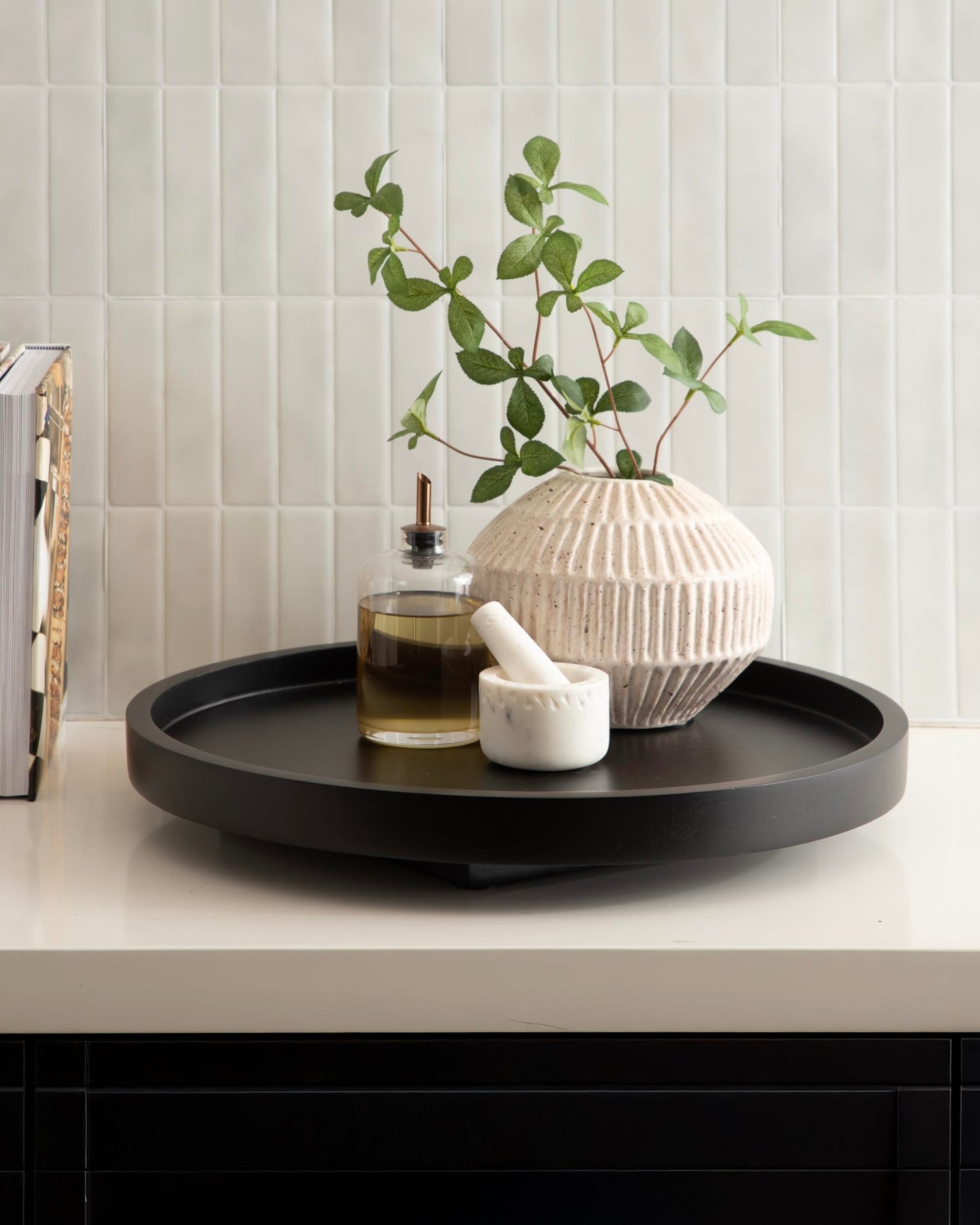 Kate and Laurel Halsey Round Lazy Susan Tray Organizer; 18 Inch Diameter; Black; Transitional Round Countertop Organizer with Turning Lazy Susan for Kitchen Storage
