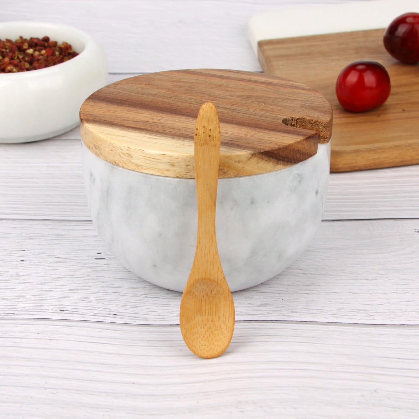 HESHIBI Salt Cellar Box with Lid & Spoon, Modern White Stone Salt or Pepper Sugar Spice Seasoning Bowl Container Jar Holder Well Keeper Dish Pig Crock for Kitchen (White Grey Marble Bowl)