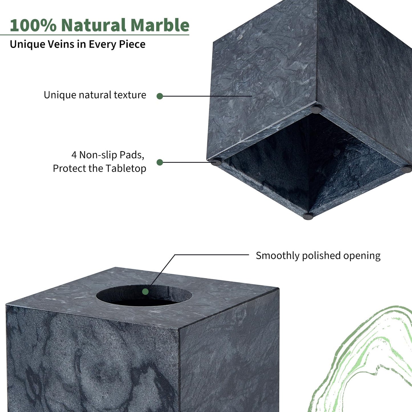 Real Natural Marble Tissue Box Cover, 5.5 Inch Square Marble Tissue Box Holder with Open Bottom, Heavy Stone Decorative Organizer for Bathroom Vanity, Kitchen Countertop, Luxury Home Décor
