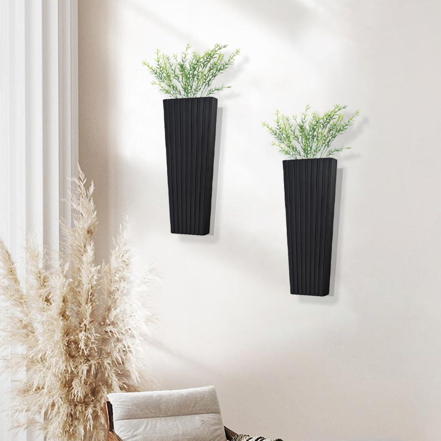 FENNIDICE 2Pack Black Wood Wall Planter for Indoor +2Pack Green Plants,Modern Wooden Hanging Planter for Dried,(Black) Abstract Vase Farmhouse Wooden Wall Decor
