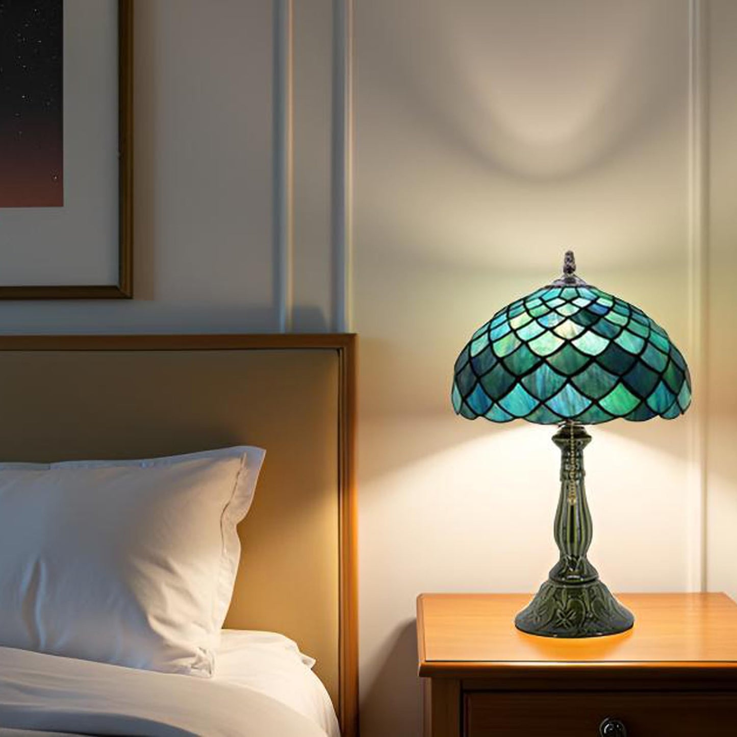 MQYXH Tiffany Style Stained Glass Table Lamp 18.5 Inch - Blue Fish Scales