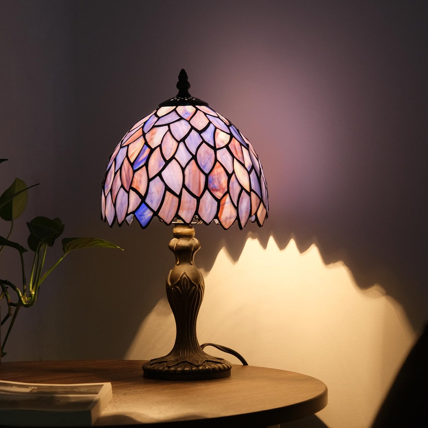 GILGGAK Small Tiffany Stained Glass Table Lamp Wisteria Style Hand-Made Lampshade Nightstand Light for Bedroom Dorm Living Hallway Coffee Table Office Housewarming Gift 8X8X15 (Blue Purple Wisteria)