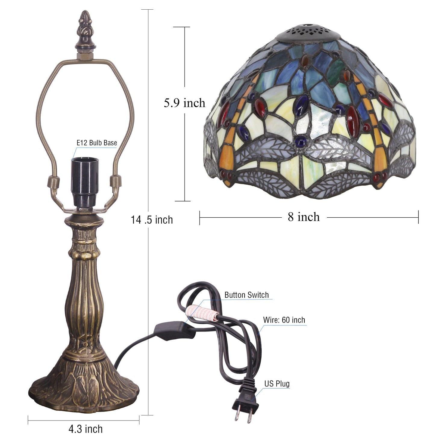 SYETL Small Tiffany Lamp Stained Glass Yellow Dragonfly Style Desk Lamp