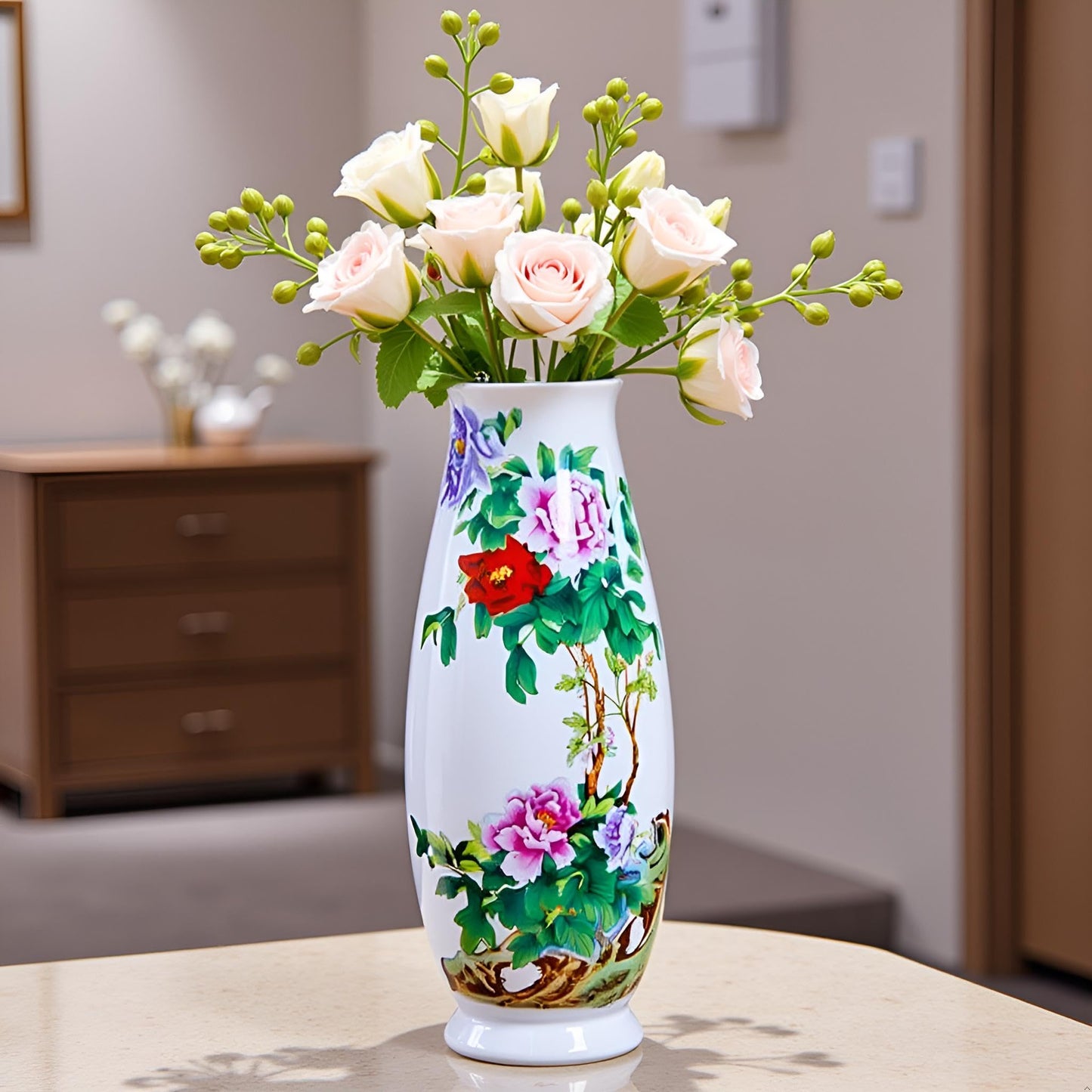 MTME Porcelain Figurines, Jingdezhen Decorative Flower vase, Inserting Sr. Home Decor, Wedding Gifts, Aesthetic Sculpture Home décor (Peony Green)
