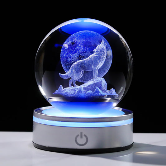 Arikyrist Crystal 3D Wolf 3.15in Ball Figurine Gifts for Men, Collectible Glass Animal Art Sphere for Room with LED Light Base Keepsakes for Wolves Lovers Home Decor Paperweight