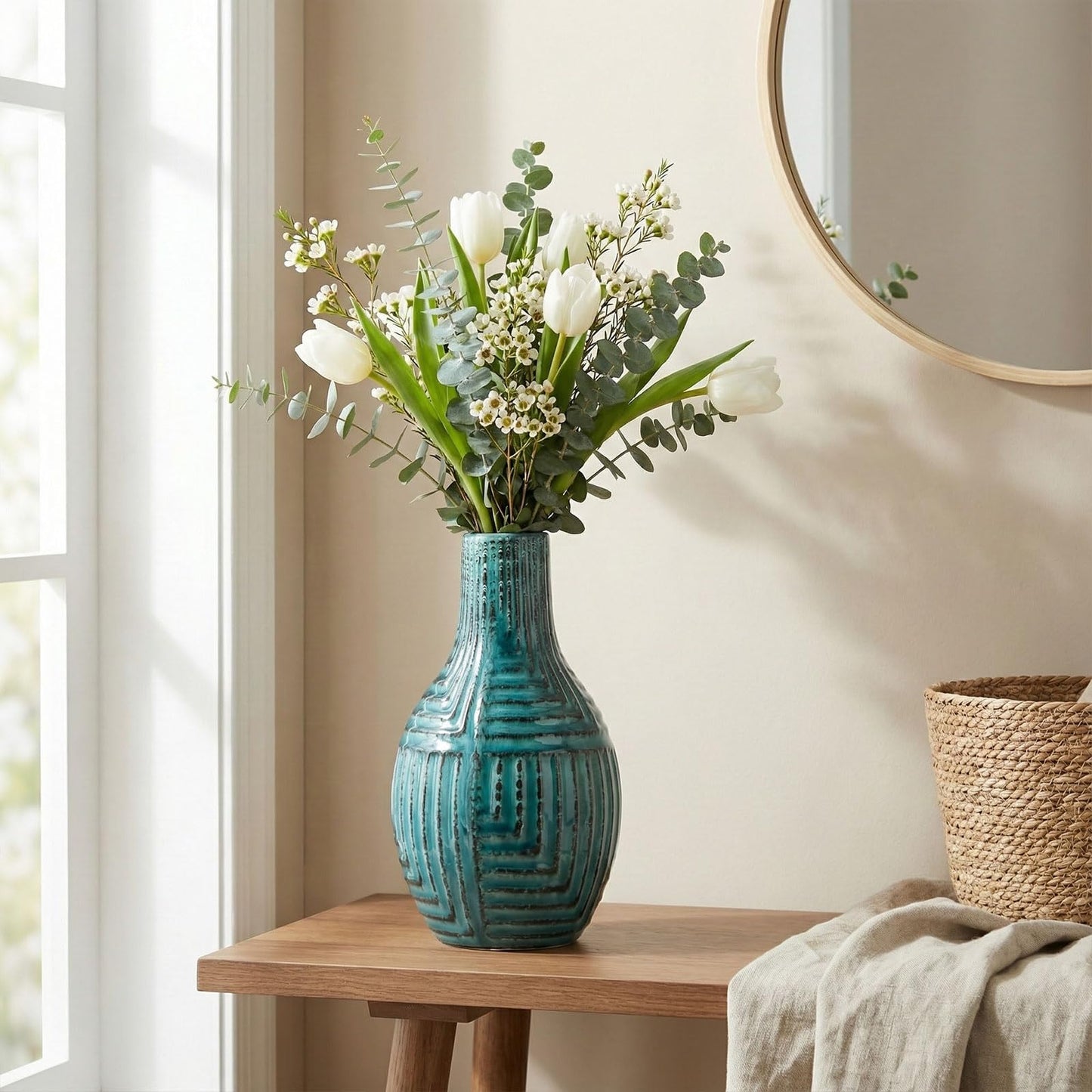 hjn Teal Hand-Glazed Ceramic Vase - 9.4" H Modern Decorative Centerpiece Vase for Fresh/Dried Flowers, Home Decor for Living Room Bookshelf Mantel | Wedding Housewarming Gift