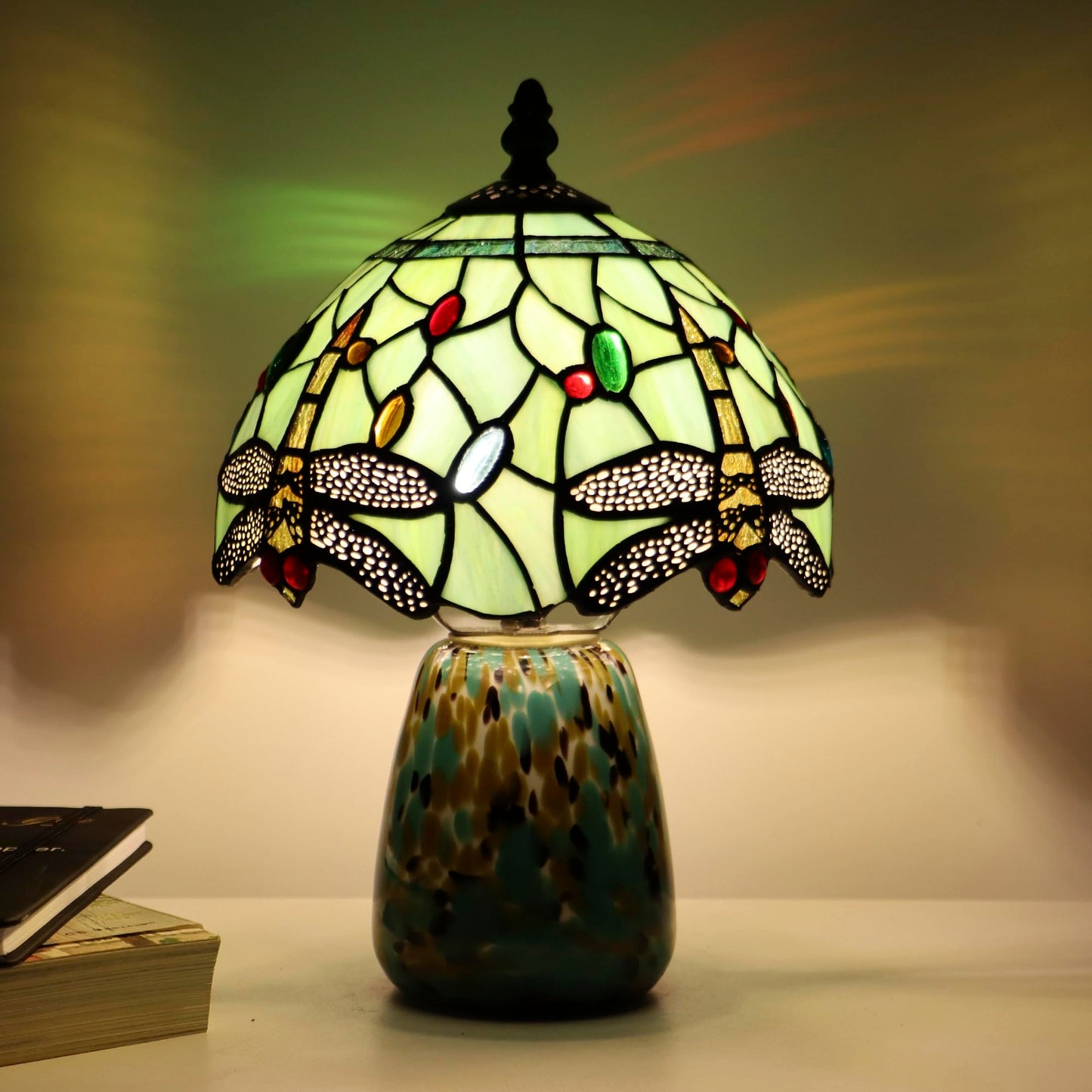 Tiffany Mushroom Table Lamp Dragonfly Style Grass Green Stained Glass Accent Lamp Brown Blue Glass Base 8X8X12 Inch
