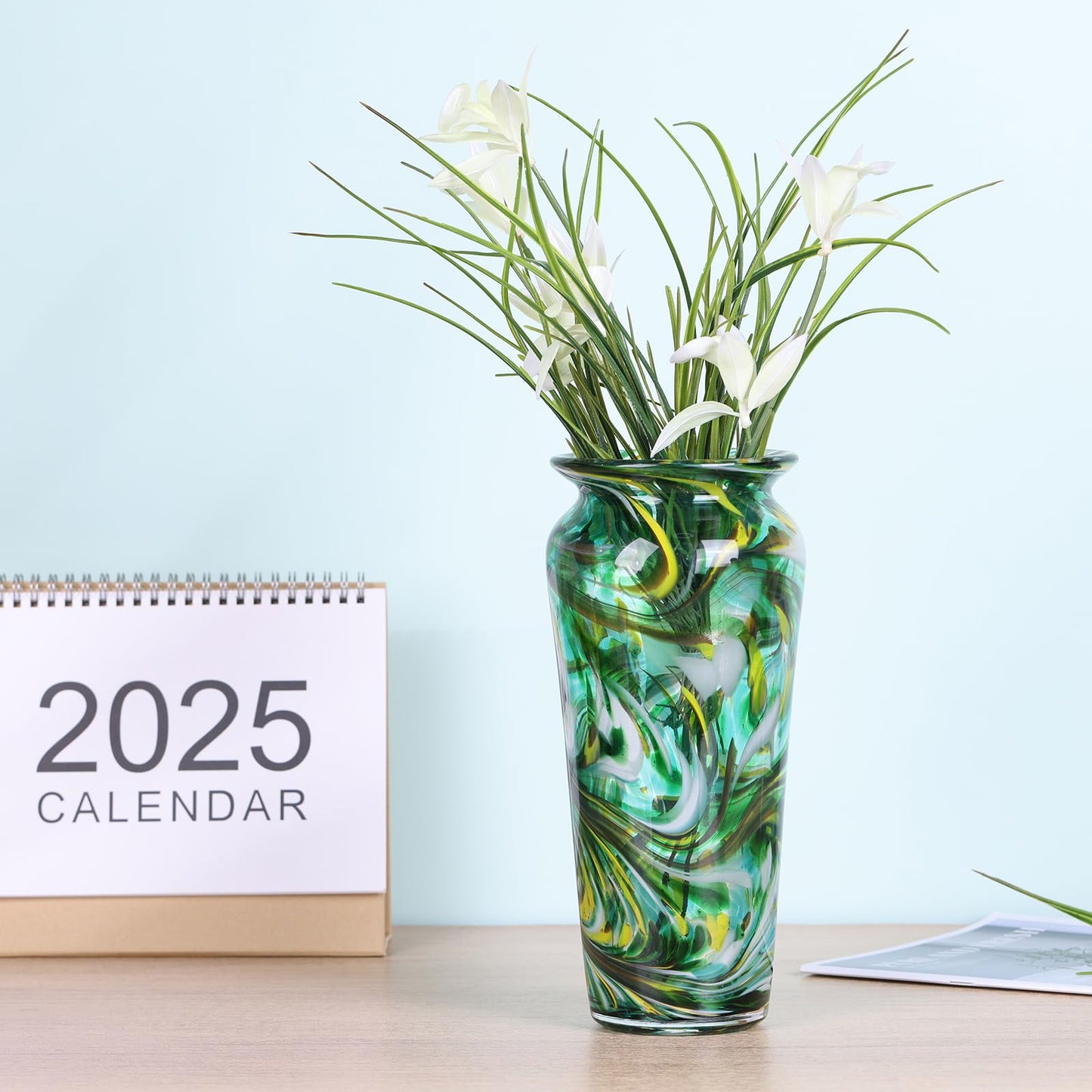 PlivBloom Green Hand Blown Glass Vase – Tall Speckled Decorative Centerpiece in Murano Style for Dining Table, Coffee Table, Mantel, Entryway, or Bookshelf in Coastal or Modern Decor (Green)