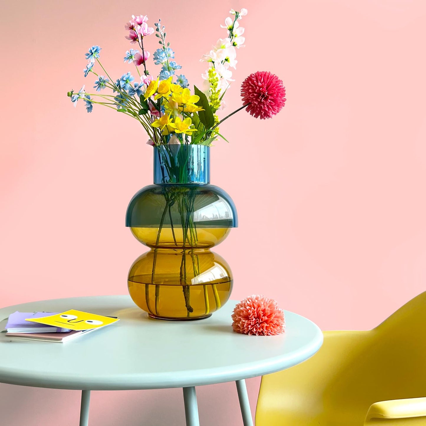 Cloudnola Extra Large Bubble Reversible Glass Flower Vase, Blue and Yellow, 16" Height x 10" Dia, Home, Centrepiece, Wedding, Gift, and Event Decor