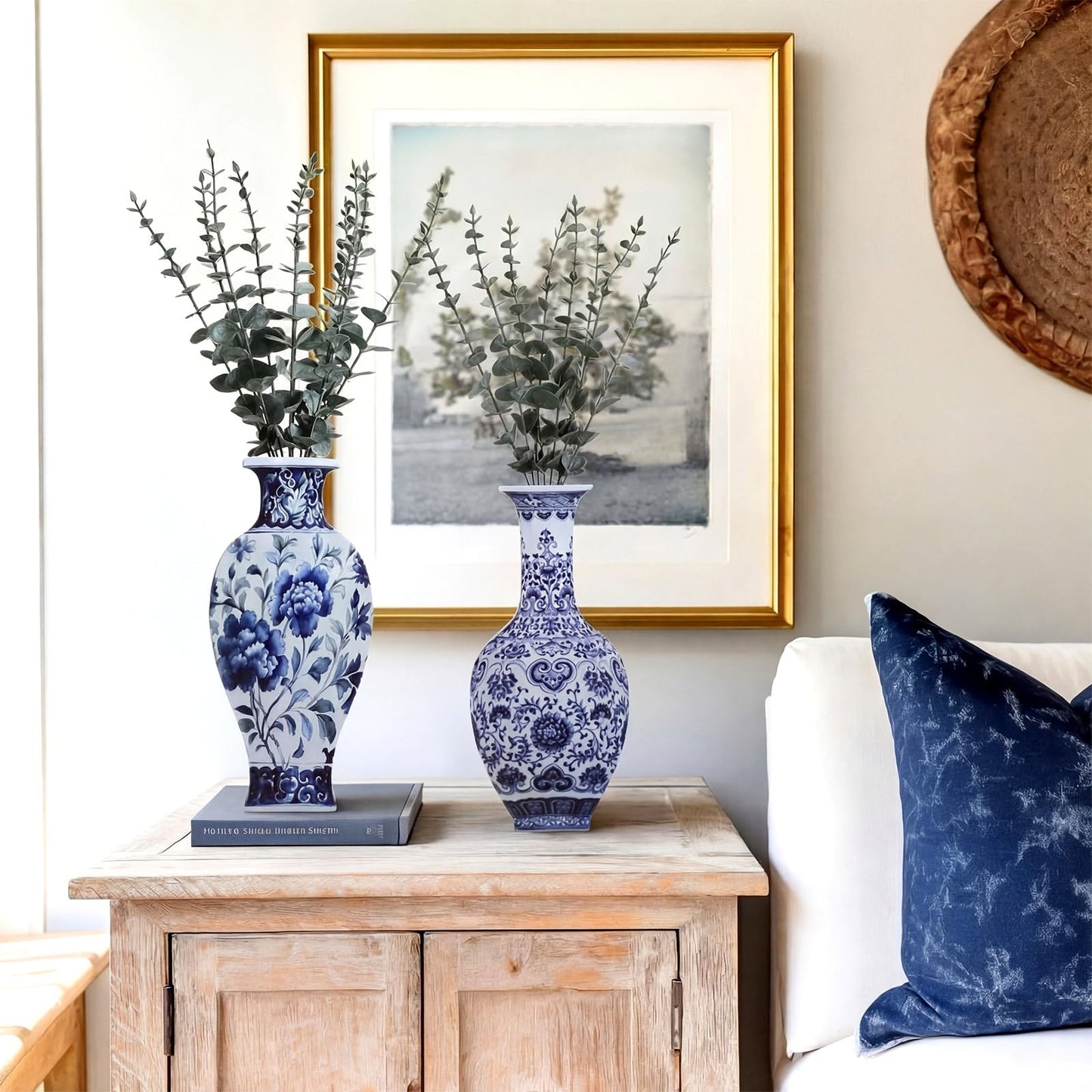 Blulu 2 Pack Wooden Wall Vase Set with Faux Eucalyptus Plants Blue and White Wooden Chinoiserie Wall Vase Modern Farmhouse Art Decor Hanging Planters for Home Office Tabletop