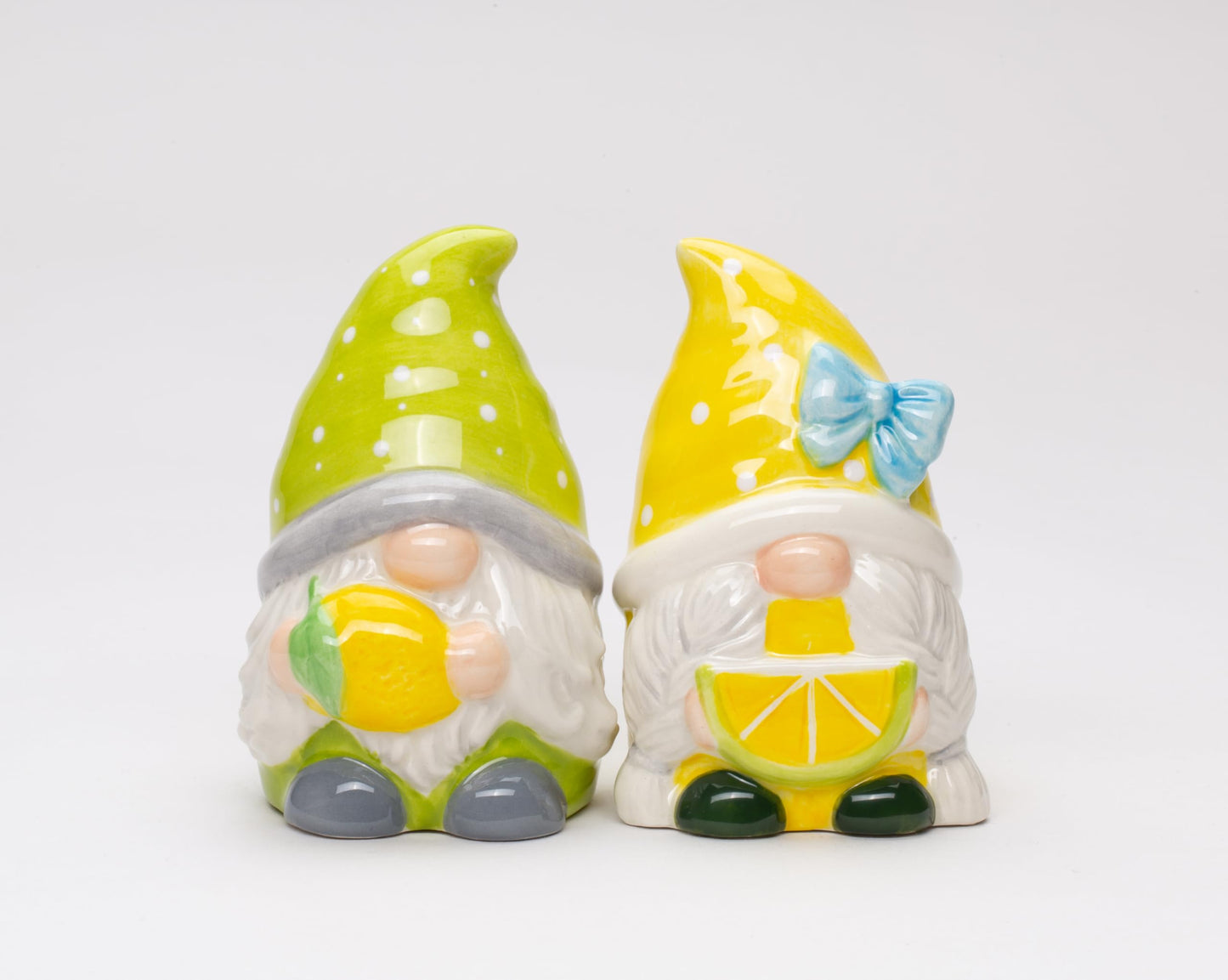 Fine Ceramic Summer Lemon Lime Cool Gnome Couple Salt & Pepper Shakers Set, 3-5/8" H