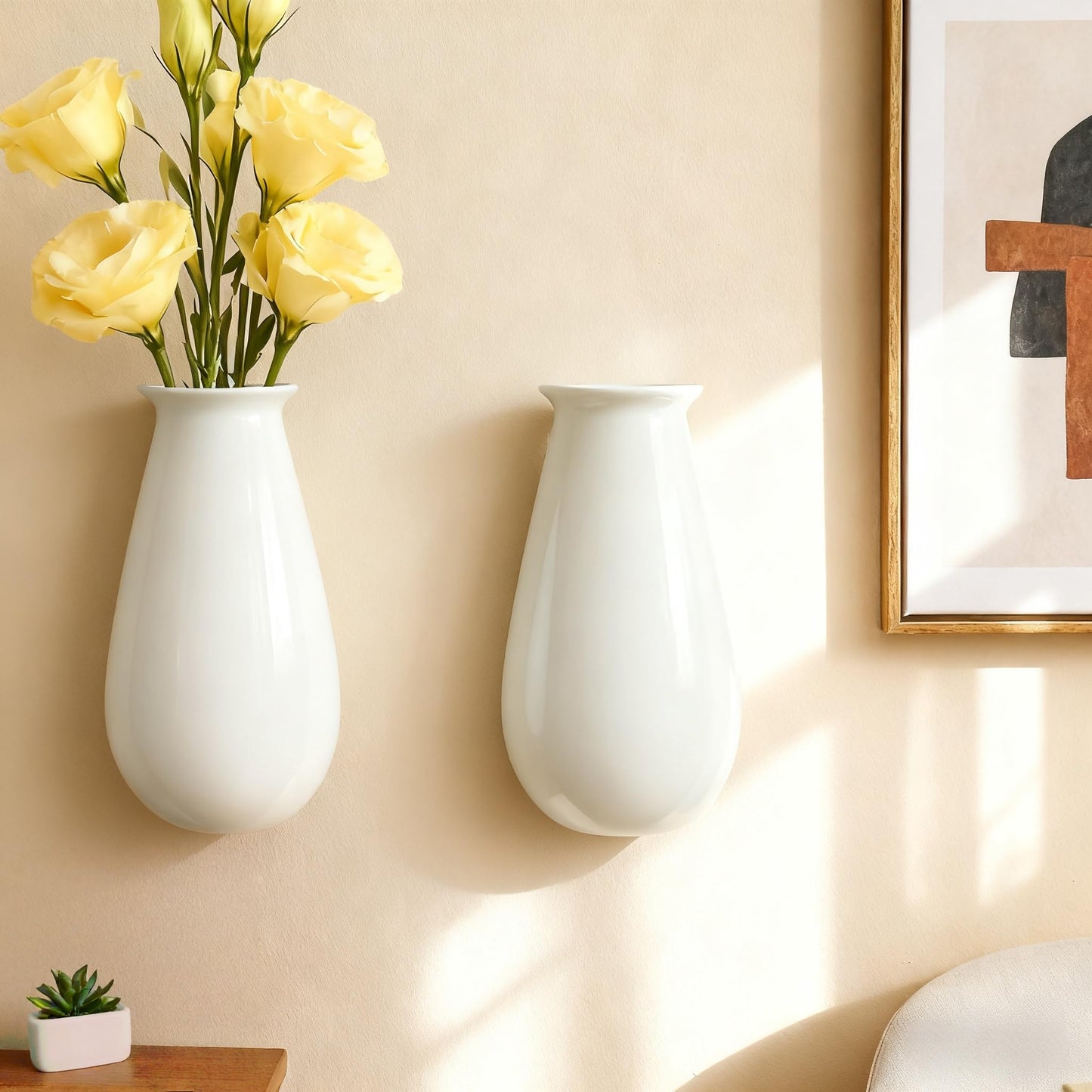 Wall Hanging Planters for Indoor Plants, Set of 2, Wall Mounted Vase for Home Decor, Modern White Wall Decor for Bathroom, Kitchen, Dining Room, Living Room