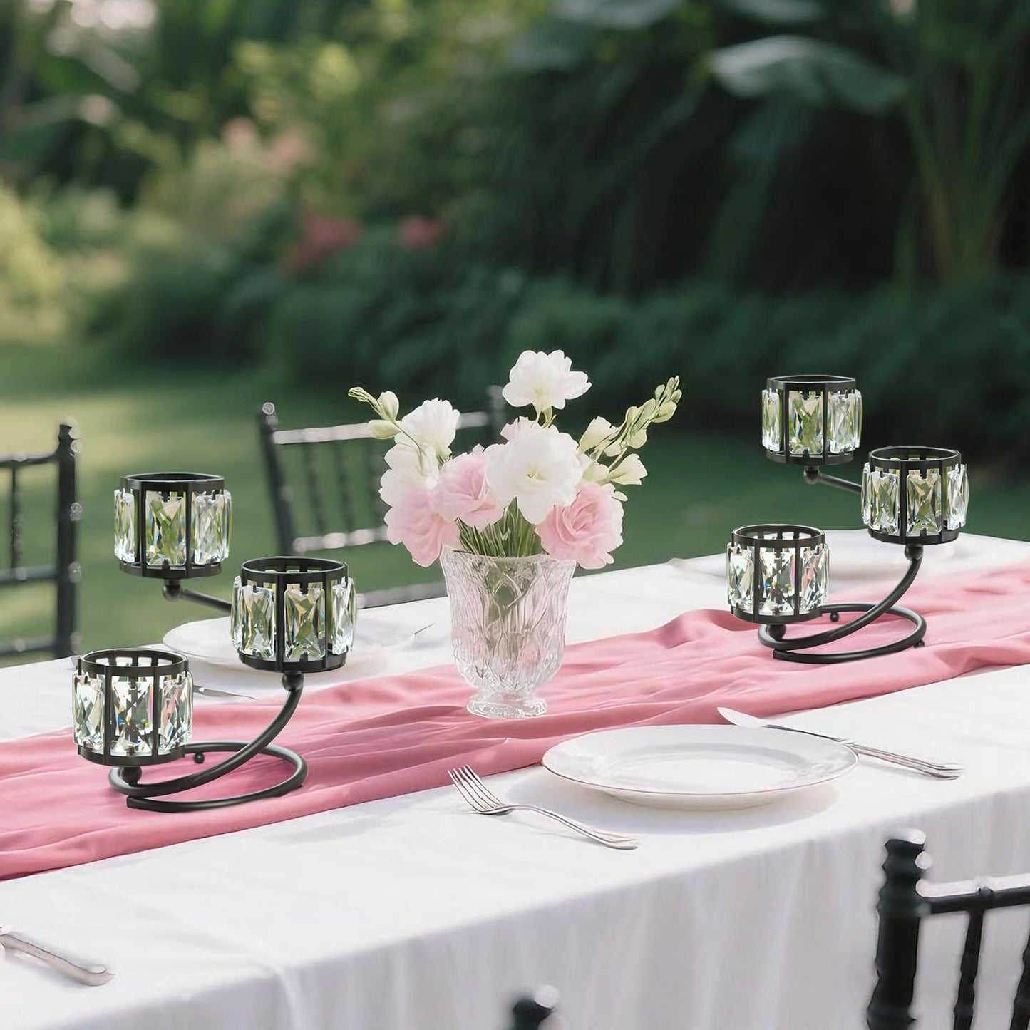 Metal 3 Arm Crystal Candle Holder - Tea Light Centerpiece Candle Holder, Votive Holder with Sparkling Crystal Bowl, Suitable for Wedding, Table Centerpiece, Home Decor (1, 3 arm-Black)