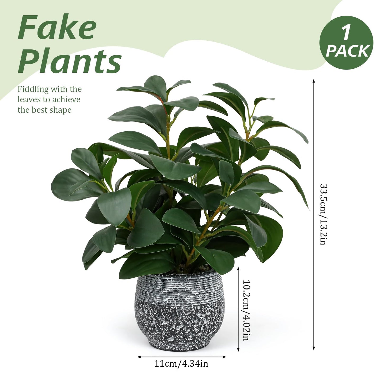 SHOHAYTO Artificial Plants for Home Decor - 13.2 Inch Fake Ficus Tree in Cement Planter, Real Looking Potted Faux Plants for Office Desk, Kitchen Shelf, Bookshelf & Indoor Decor