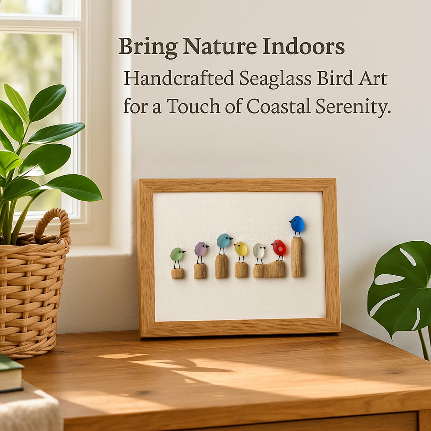 UQRUI Sea Glass Birds on a Branch Wall Art, Rainbow Coastal Beach Seaglass Bird on Twig Artwork Picture Frame, Friendship Decor for Home Wall Hanging (White-7 Birds)
