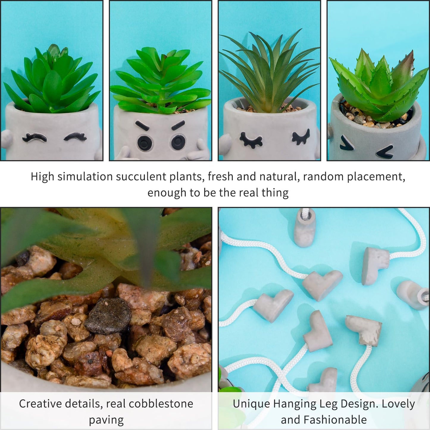LUZOGA Set of 4 Small Faux Succulents in Cement Pots with Hanging Legs, Potted Mini Fake Plants for Desk, Office Cubicle, Kitchen, Bathroom, Wall Shelf Decor, Room & Bookshelf Ornament