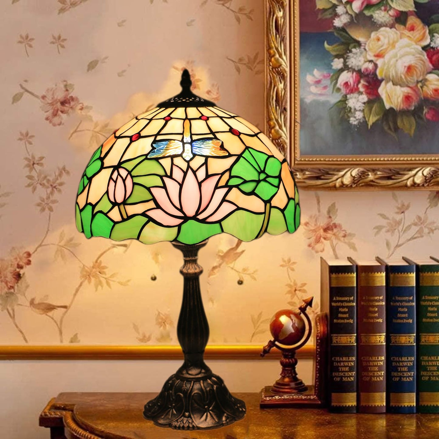 tuomoxte Tiffany Side Table Lamps for Living Room W/LED Bulb Lotus Flower Stained Glass Shade Bedside End Table Lamp 12X12X19Inch Desk Lamps for Home Office Classic Farmhouse Reading Table Lamps