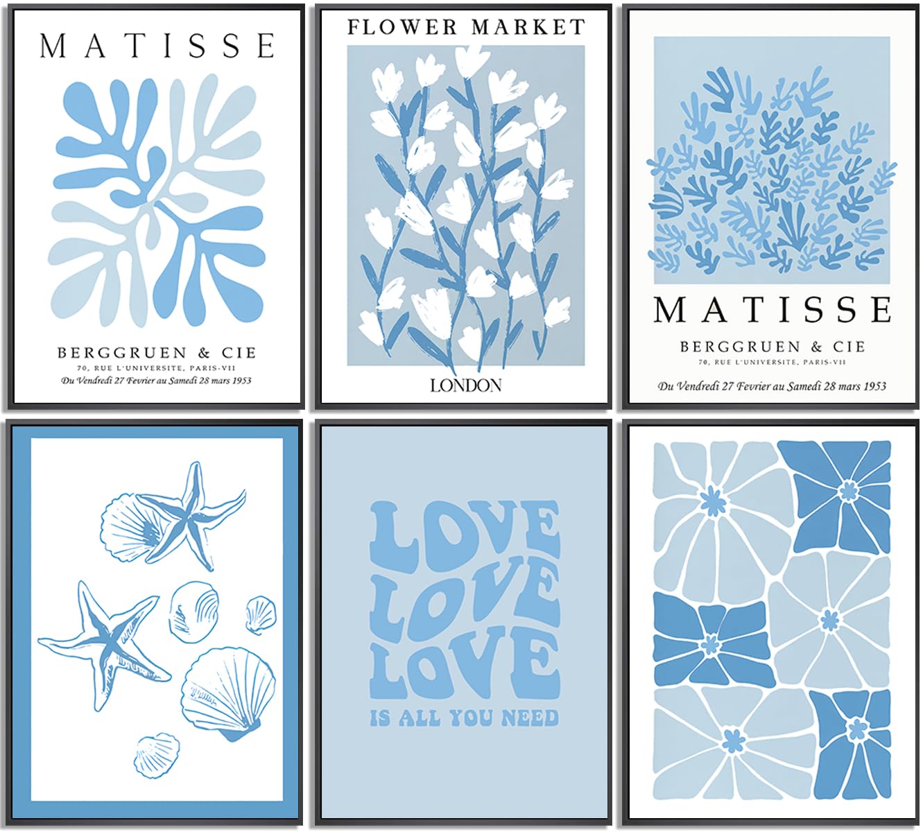 6Pcs Blue Coastal Wall Art Coastal Aesthetic Wall Decor Pictures Abstract Minimalist Posters Prints Boho Blue Plant Leaves Painting Artwork for Bedroom Living Gallery Home Decoration 12x16in, Unframed