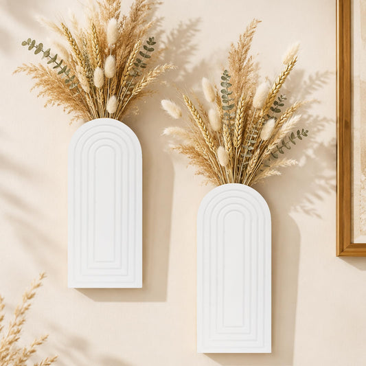 2 Pack Wooden Wall Vase Set, Boho Hanging Planter & Finish Modern Farmhouse Plants & Flowers Wall Decor for Entryway, Hallway, Bathroom, Living Room, Dining Room, Narrow Spaces (White)