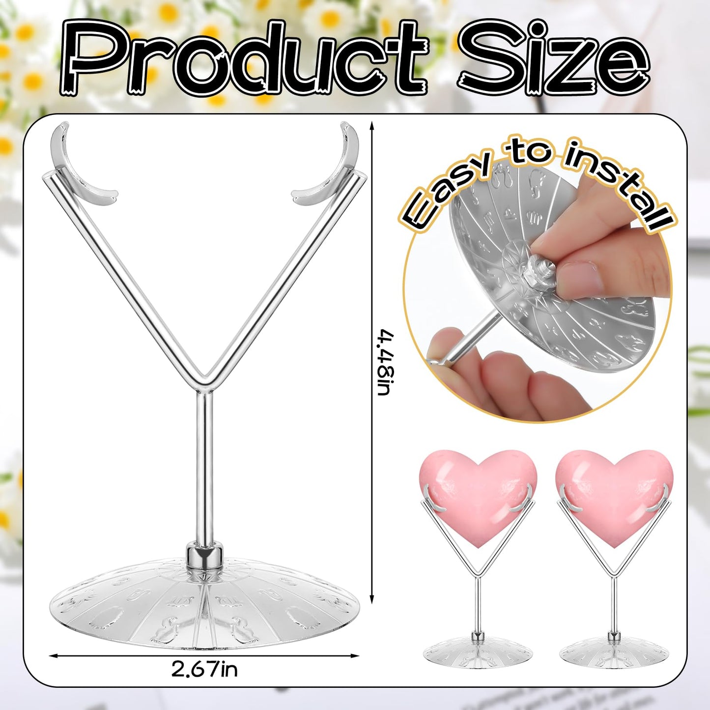 Otoolling Silver 2 Pcs Heart Shape Metal Display Stand Adjustable Silver Rock Display Holder for Gemstones Minerals Agate Slabs Plates Seashell Sphere Crystal Ball Eggs Collectibles