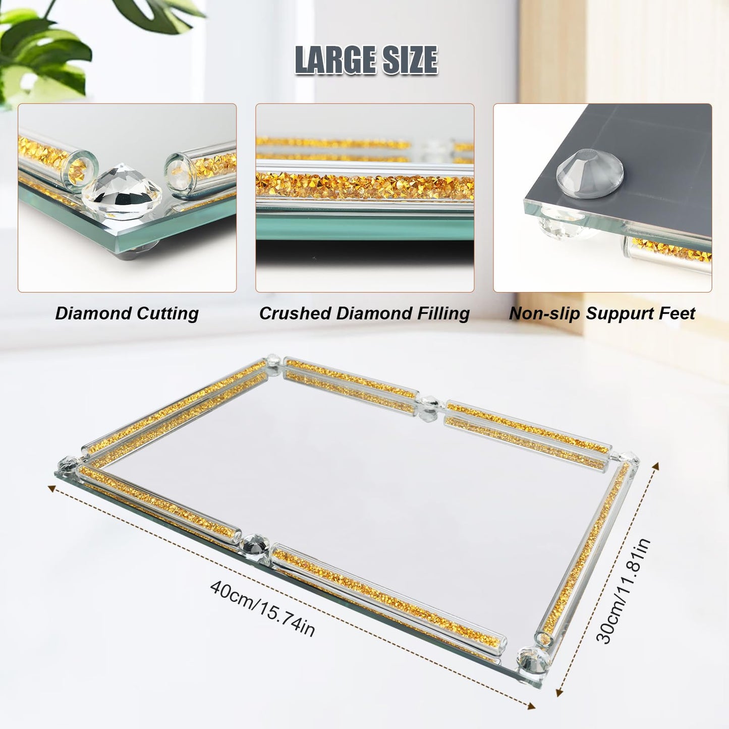YCWF Large Mirror Perfume Tray for Dresser,Crushed Diamond Filled Glass Vanity Tray,Gold Decorative Bathroom Tray,Crystal Tray for Home Decorative,Party,Hotel Banquet,15.7x11.8x1.4inch,Gold