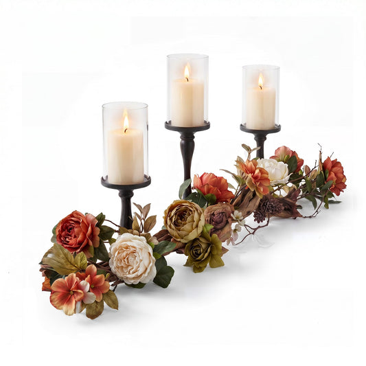 Vintage Table Decor 3 Piece Candle Holder Set, Farmhouse Centerpiece with Wood Vine Base, Rustic Candle Holders for Dining Table, Mantle, Coffee Table & Weddings (Black)