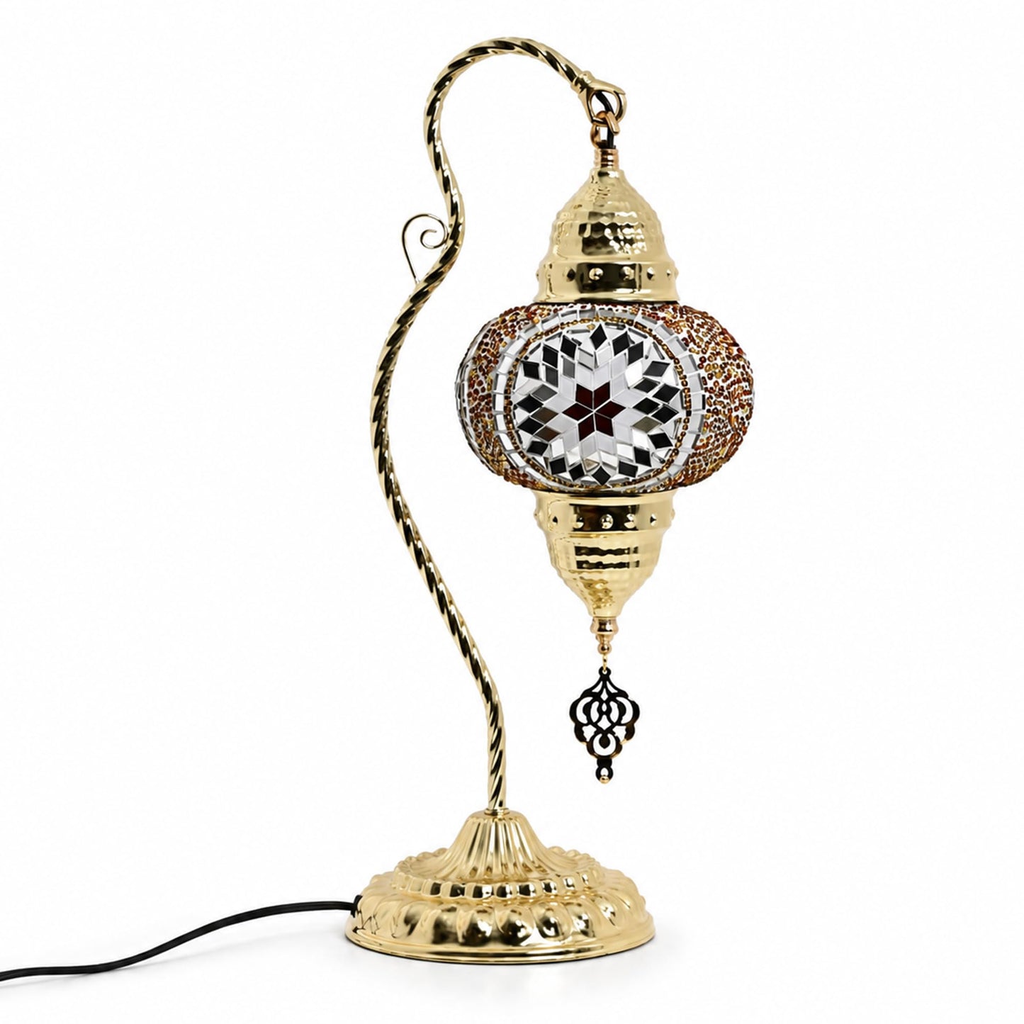 GOGERS Turkish Mosaic Table Lamp, Moroccan Style Swan Neck Bedside Lamp with Handmade Glass Shade, LED Bulb Included, Warm Ambient Decorative Accent Lamp for Bedroom, Living Room, Nightstand (Brown)