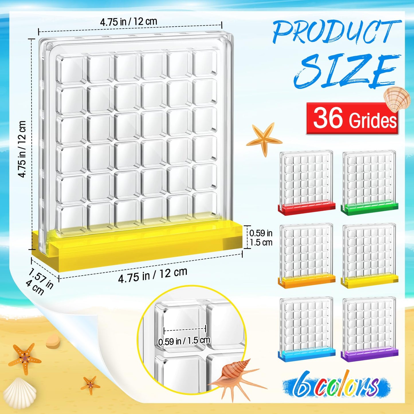 Reallnaive 6 Pcs Acrylic Magnetic Seashell Display Box with Multicolor Base 36 Grids Clear Seashell Collection Box Seashell Storage Organizer for Diamond Gemstone Beads