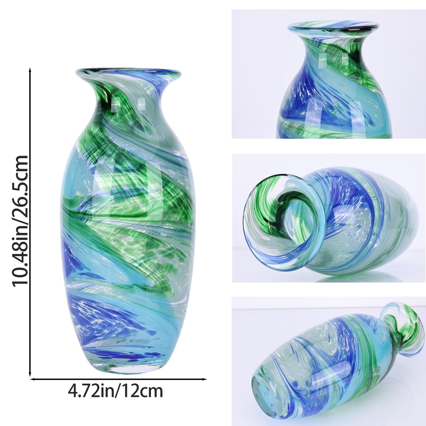 Hand Blown Glass vase, Blue Green Wide Mouth vase, Contemporary Glass Art Suitable for Display on Living Room Dining Tables, in Offices, bathrooms, Coffee Tables and hallways.