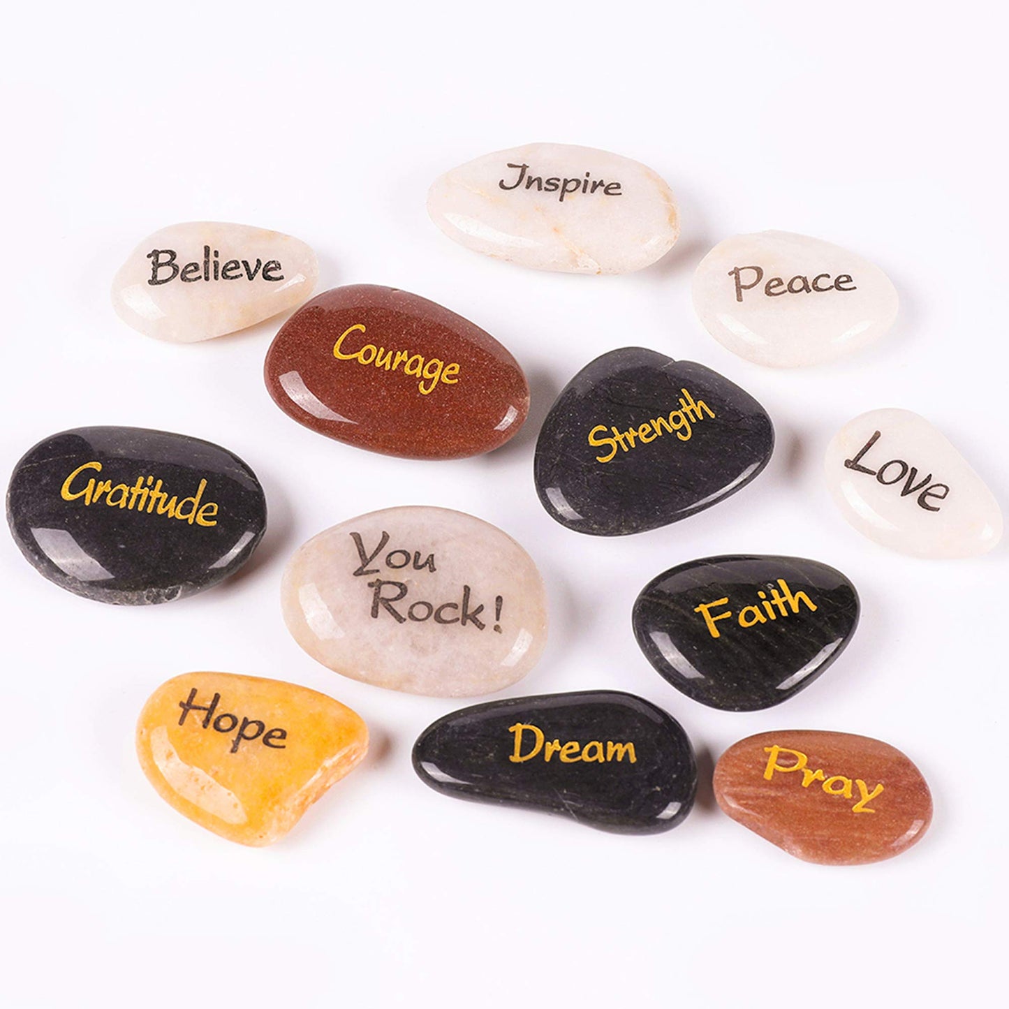 ROCKIMPACT 12 Engraved Inspirational Stones, Pocket Size Highly Polished Natural River Rock, Faith Stone Bulk Lot (Set of 12, 12 Different Sayings)