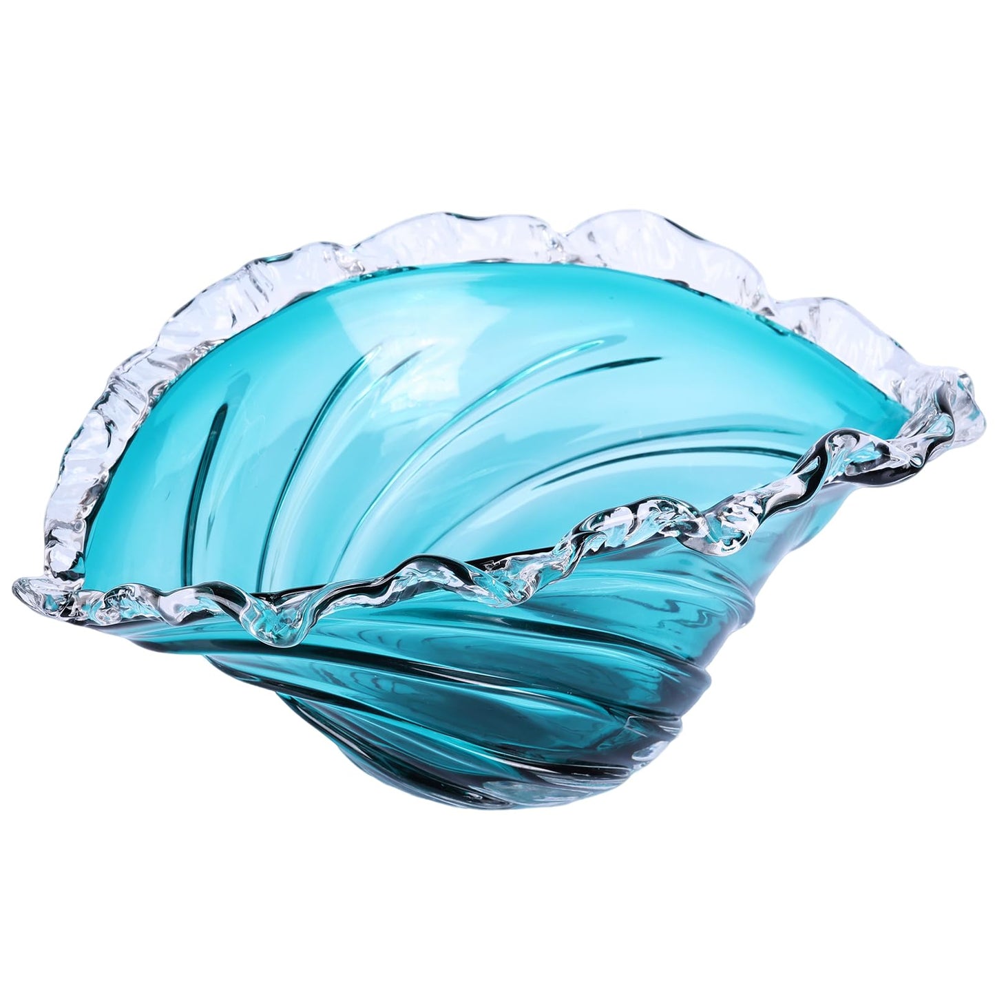16in Fruit Bowl, Blue Glass Fruit Bowl - Hand-Blown Blown Glass Art Vortex Wave-Shaped Ruffled Rim Large Bowl, Crystal-Like Decorative Bowl for Home Decor, Centerpiece Bowl & Housewarming Gift