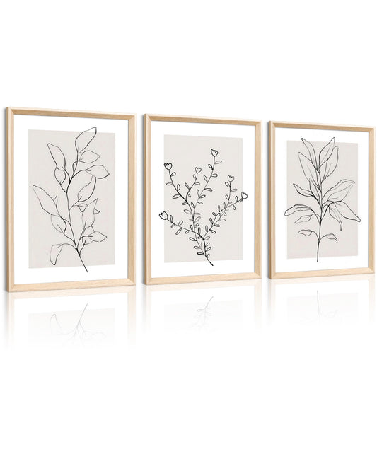 HesenDot 12x16in Botanical High Framed Wall Art Set of 3, Minimalist Line Drawing Plant Canvas Prints, Neutral Modern Nature Wall Decor for Living Room Bedroom Bathroom Office