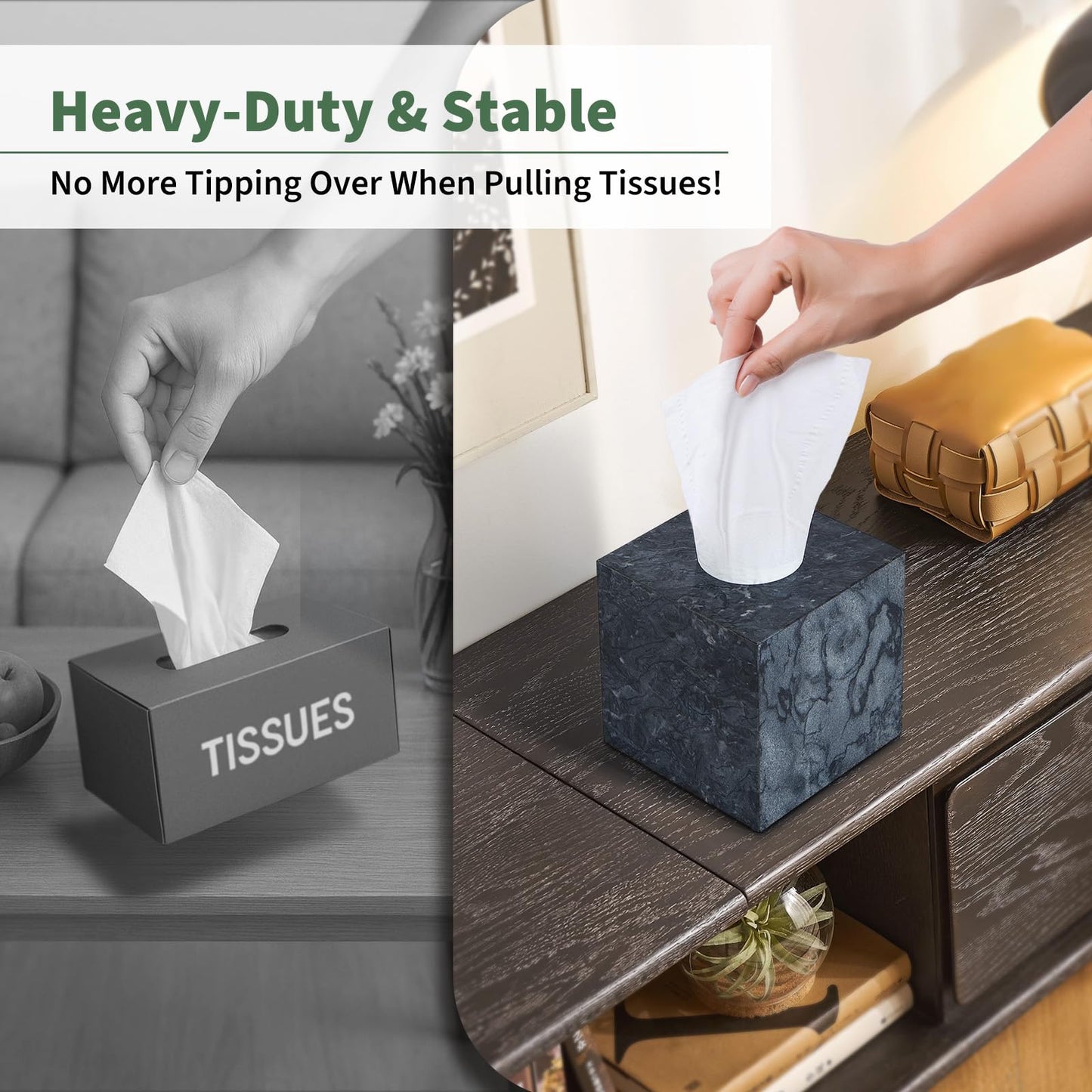 Real Natural Marble Tissue Box Cover, 5.5 Inch Square Marble Tissue Box Holder with Open Bottom, Heavy Stone Decorative Organizer for Bathroom Vanity, Kitchen Countertop, Luxury Home Décor
