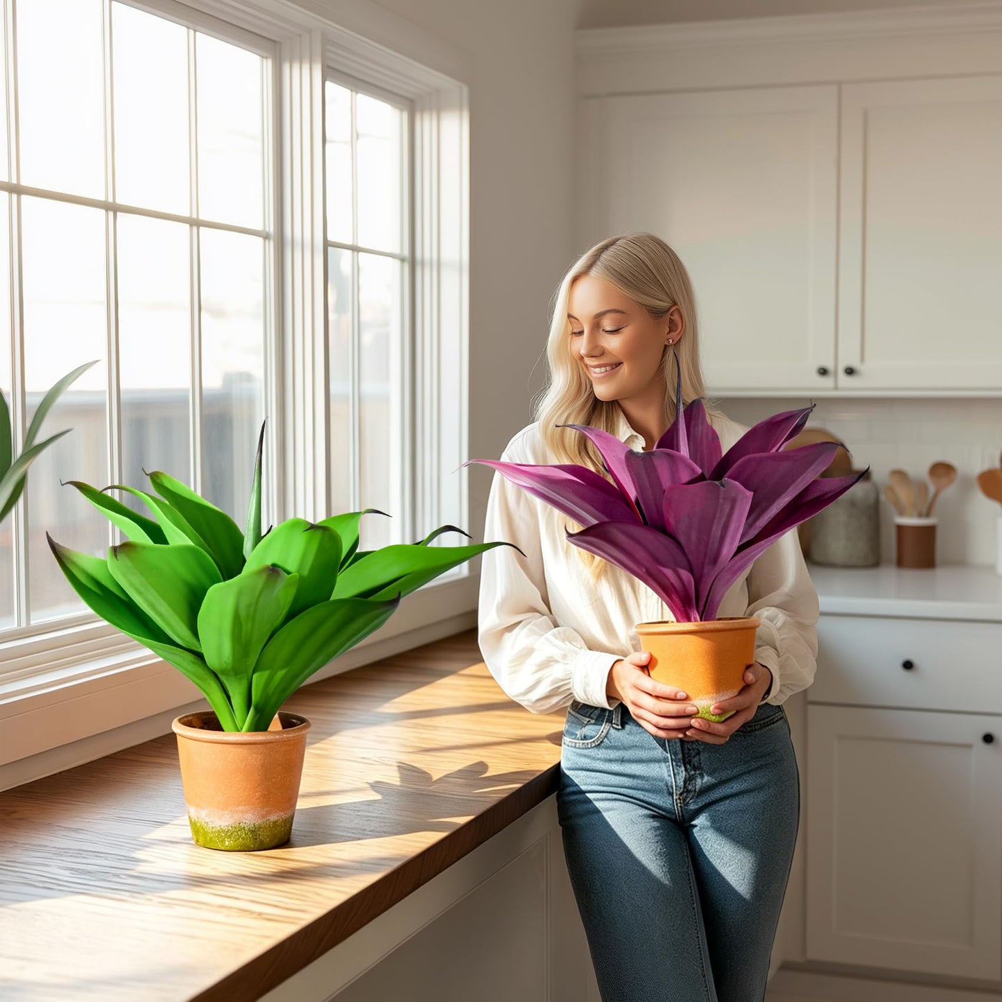 Afcvkc 2 Set Real Touch Artificial Agave Plants, Lifelike Faux Succulent in Pot Desk Table Snake Plant Indoor Decor for Living Room Bathroom Shelf Office (Green+Purple)