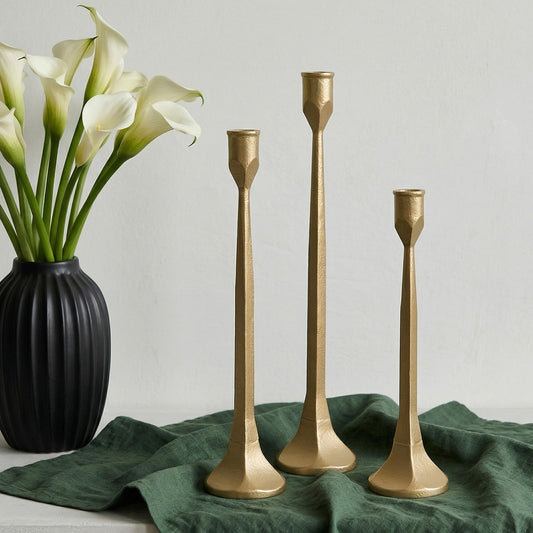 CYNTHRAX Gold Iron Taper Pillar Candle Holders Set of 3, Candlestick Holders Rustic Vintage Decorations, Tall Candle Stand for Home Decor Mantle Dining Coffee Table Outdoor Wedding-11.8"+13.8"+15.4"