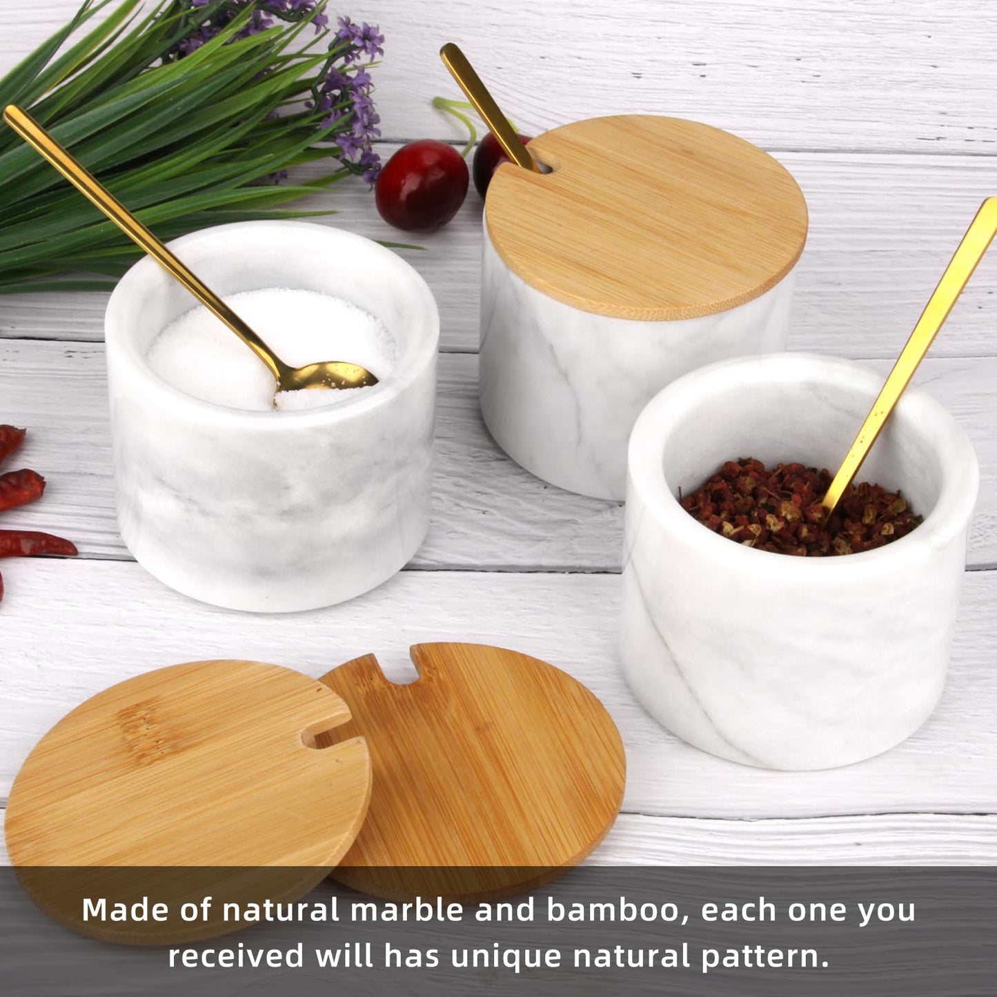 HESHIBI Marble Salt Cellar Box with Bamboo Lid & Metal Spoon, Modern Stone Salt or Pepper Sugar Spice Seasoning Bowl Container Jar Holder Well Keeper Dish Pig Crock for Kitchen (Light Grey)