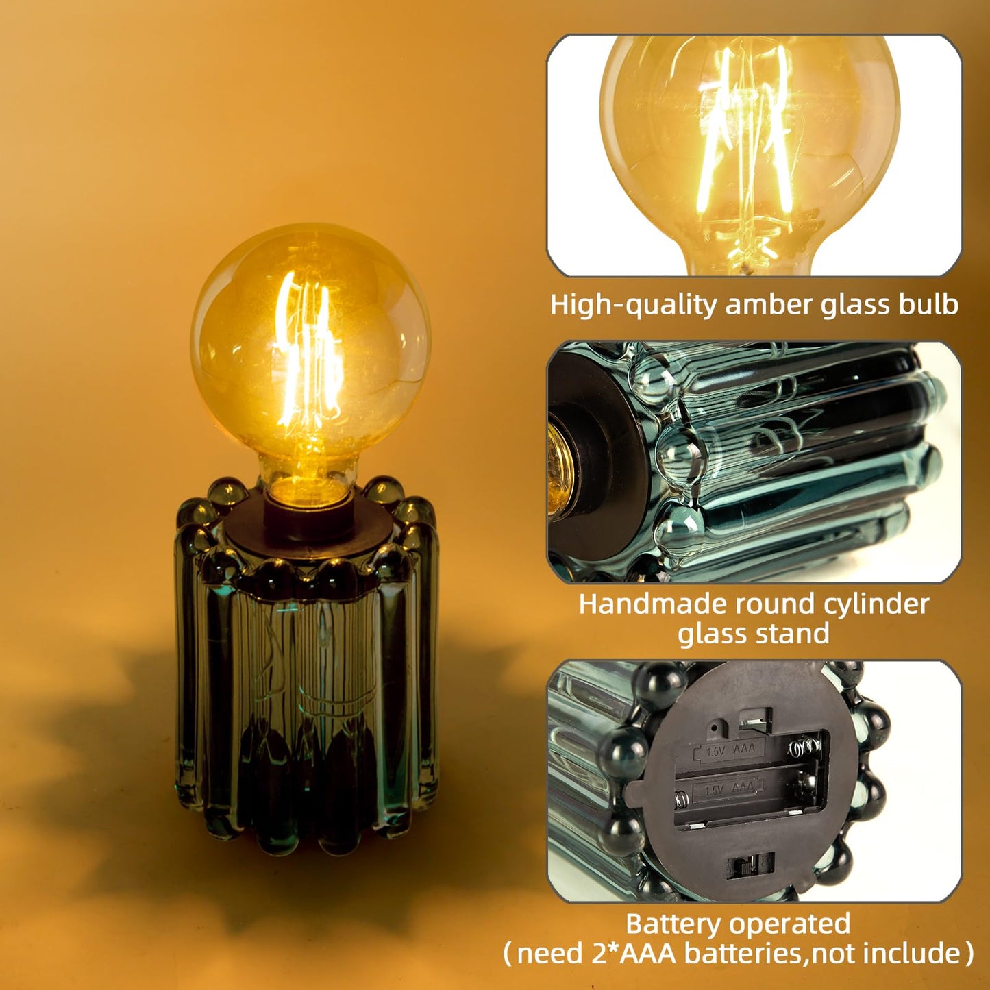 Set of 2 Battery Operated Table Lamp, Battery Powered Cordless Lamp with Timer, Glass Bulb Shape Decorative Lights for Living Room Bedroom Weddings Parties Patio Events Indoors Outdoors（Loden Frost）