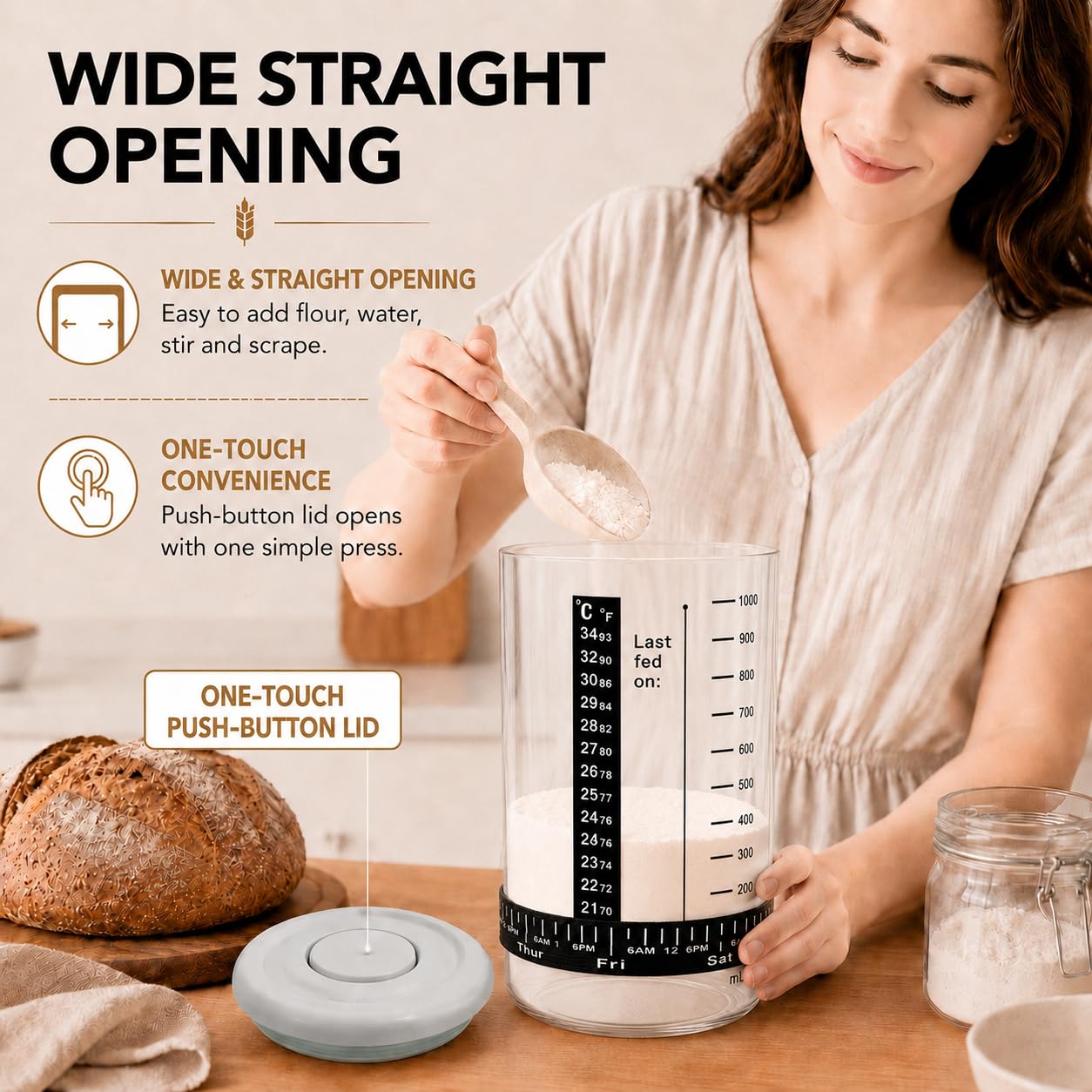 USYOGO 40oz Glass POP sourdough starter jar-With-Lid | Food-grade borosilicate glass | One-touch push-button lid | With Date Marked Feeding Band, Thermometer, Silicone Scraper, Sewn Cloth Cover