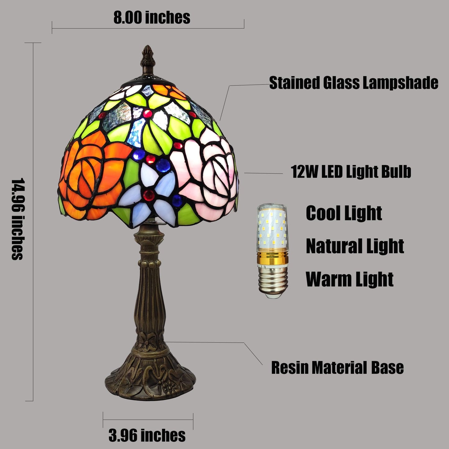 XPHMXP Small Tiffany Table Lamp 8 Inch Tiffany Style Desk Lamp Stained Glass Antique Light Decoration Bedroom Bedside Lamp Retro Reading Lamps (Yellow Pink Roses Style)
