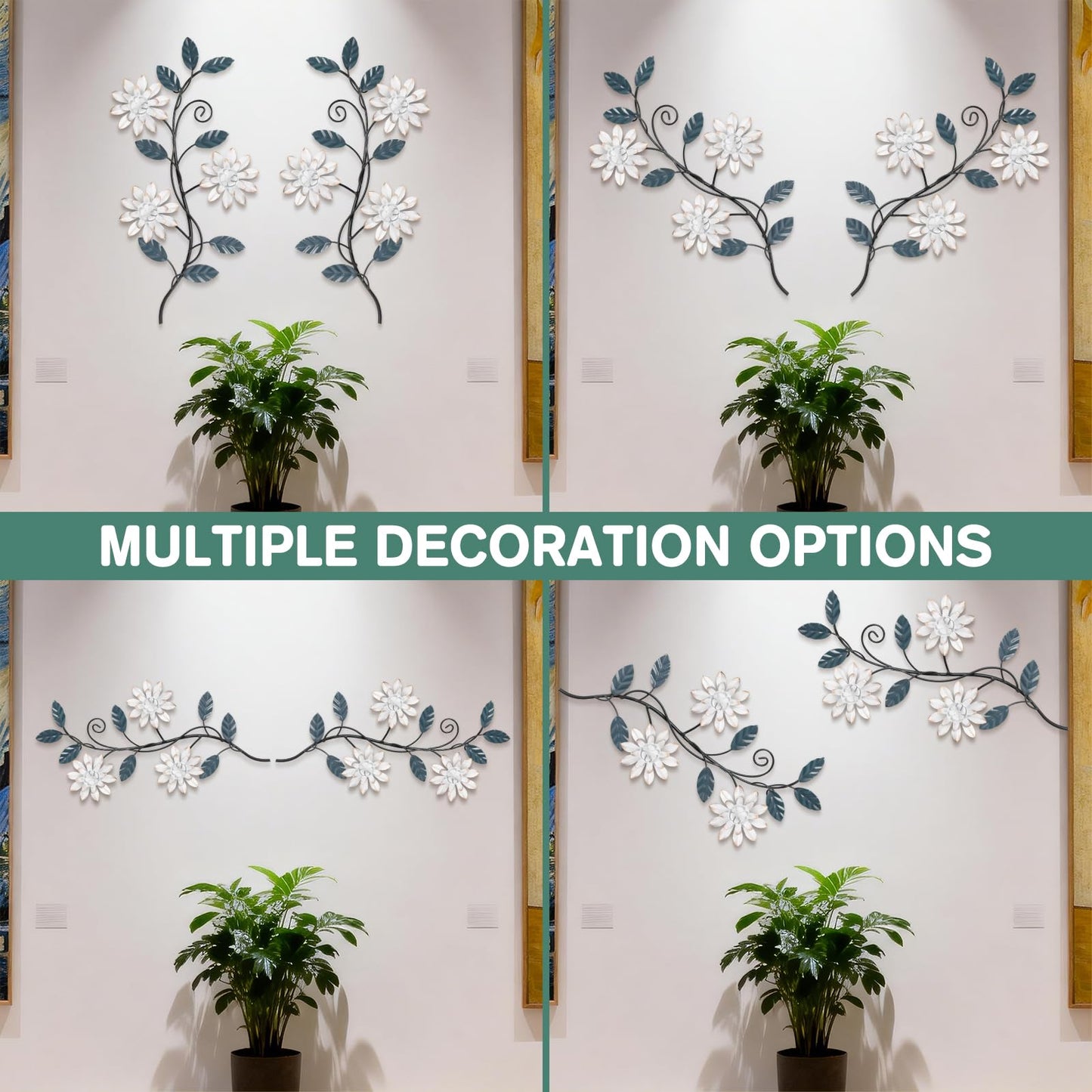 KHJCXS 2 Pieces Metal Flower Leaf Wall Art, 15.1"×7.3" Modern Rustic Iron Artwork Hanging Decor for Home Bedroom Living Room Dining Room Kitchen Hallway Office (White)