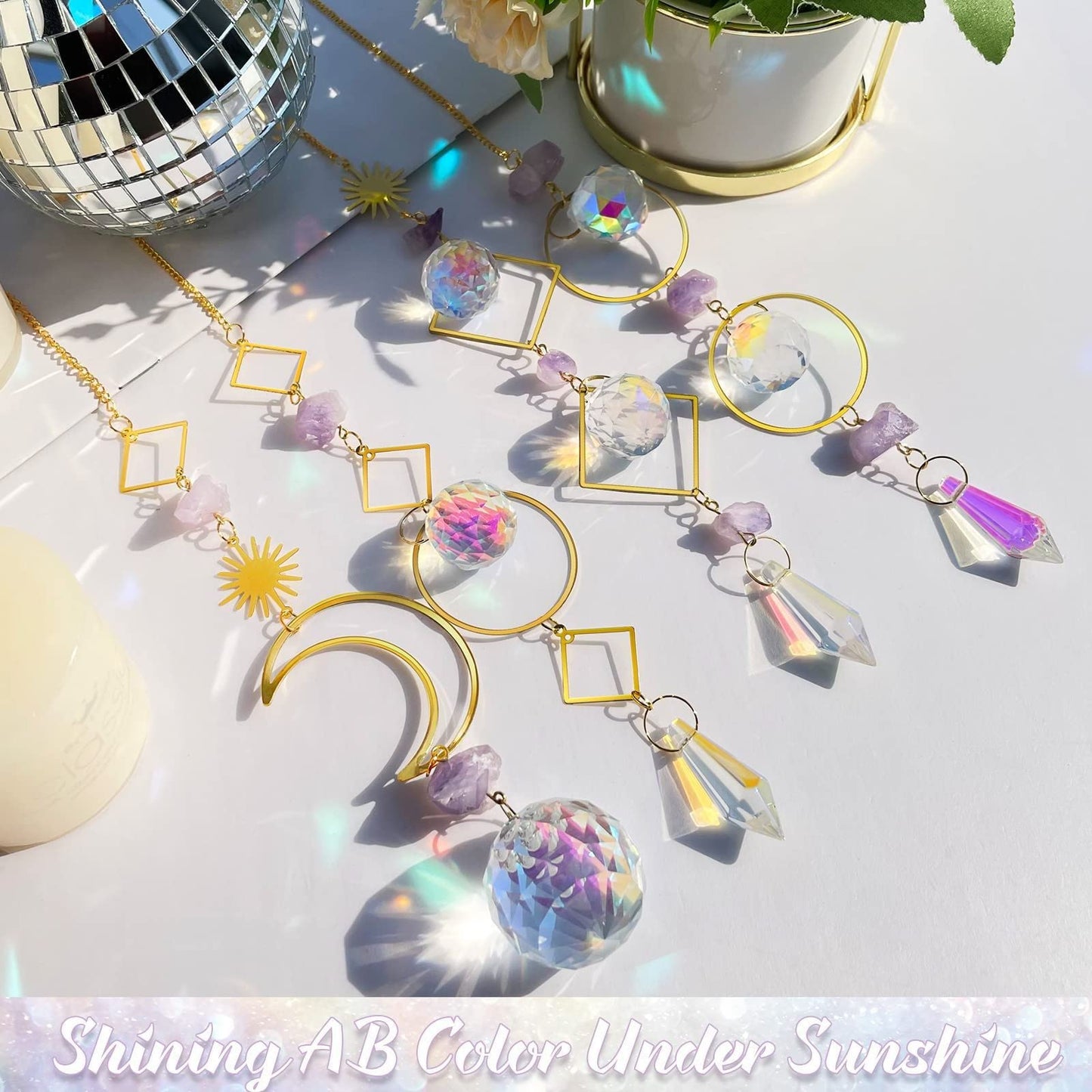 Crystal Suncatcher Rainbow Maker Hanging Prism Ornament Pendant Home Garden Car Decoration 4 Pack Gift Kit Sun Catchers Indoor Window, 13.8 Inch