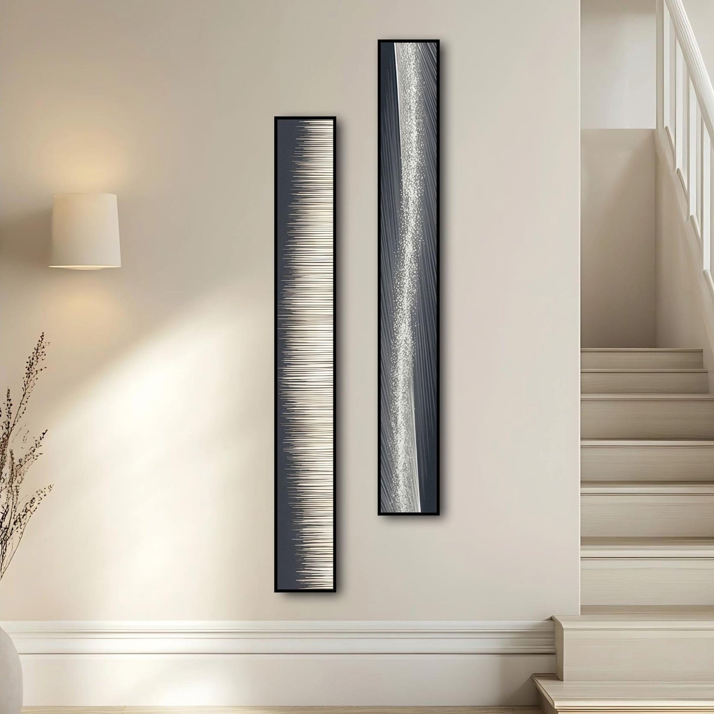 Large Framed Long Narrow Vertical Abstract Wall Art Set of 2, Premium Crystal Porcelain Canvas Prints, Black White Gold Modern Design - Perfect for Entryway, Hallway, Living Room, Bedroom - 63x10 inch