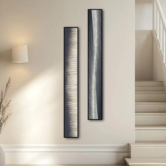 Large Framed Long Narrow Vertical Abstract Wall Art Set of 2, Premium Crystal Porcelain Canvas Prints, Black White Gold Modern Design - Perfect for Entryway, Hallway, Living Room, Bedroom - 63x10 inch