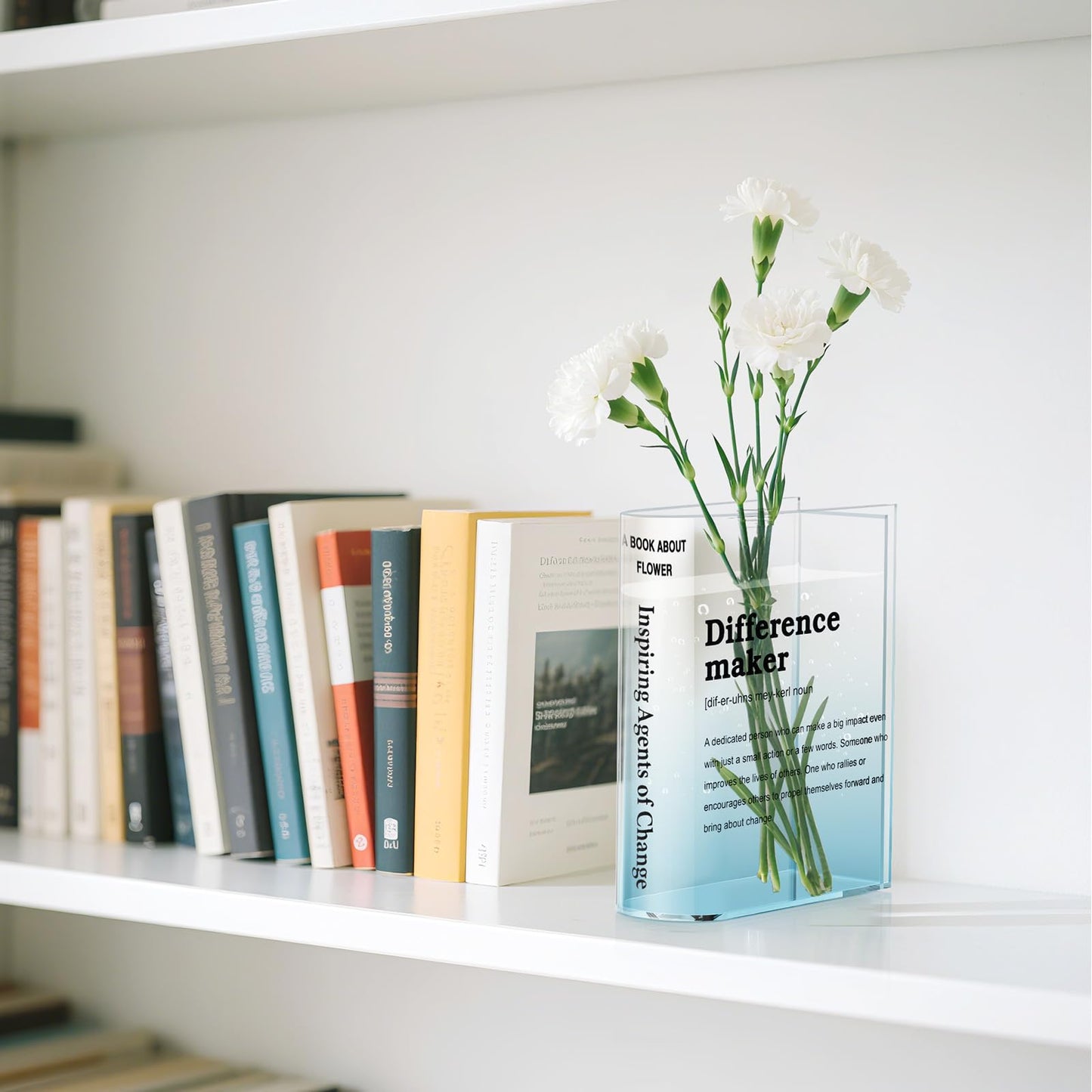 BuyCard Clear Acrylic Book Vase for Flowers, Transparent Book Flower Vase for Home Decor, Simplicity Bookshelf Decor, Unique Stuff for Book Lovers, Difference Maker, Gift to Motivate (Blue)