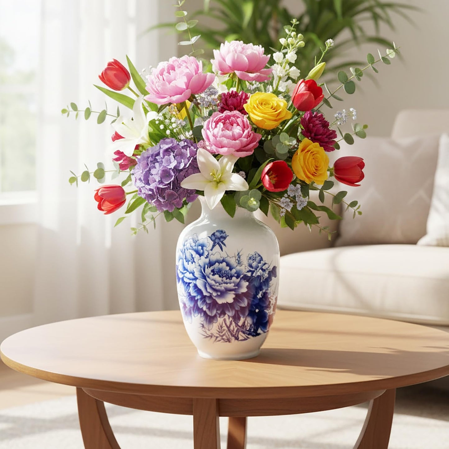 MTME Porcelain Figurines, Jingdezhen Decorative Flower vase, Melon Sr. Home Decor, Wedding Gifts, Aesthetic Sculpture Home décor (Peony Blue)