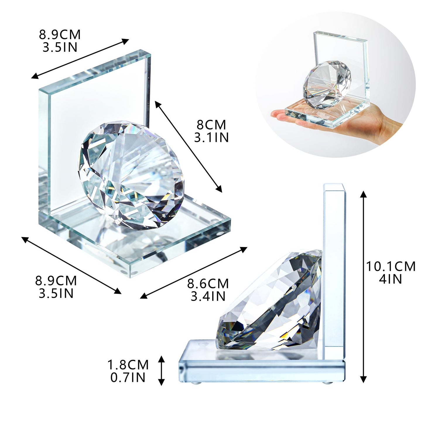 1 Pair Crystal Bookends with 80mm Clear Diamond, L Shaped Heavy Duty Book End for Shelves Non Skid Bookends Book Stopper, 4inch