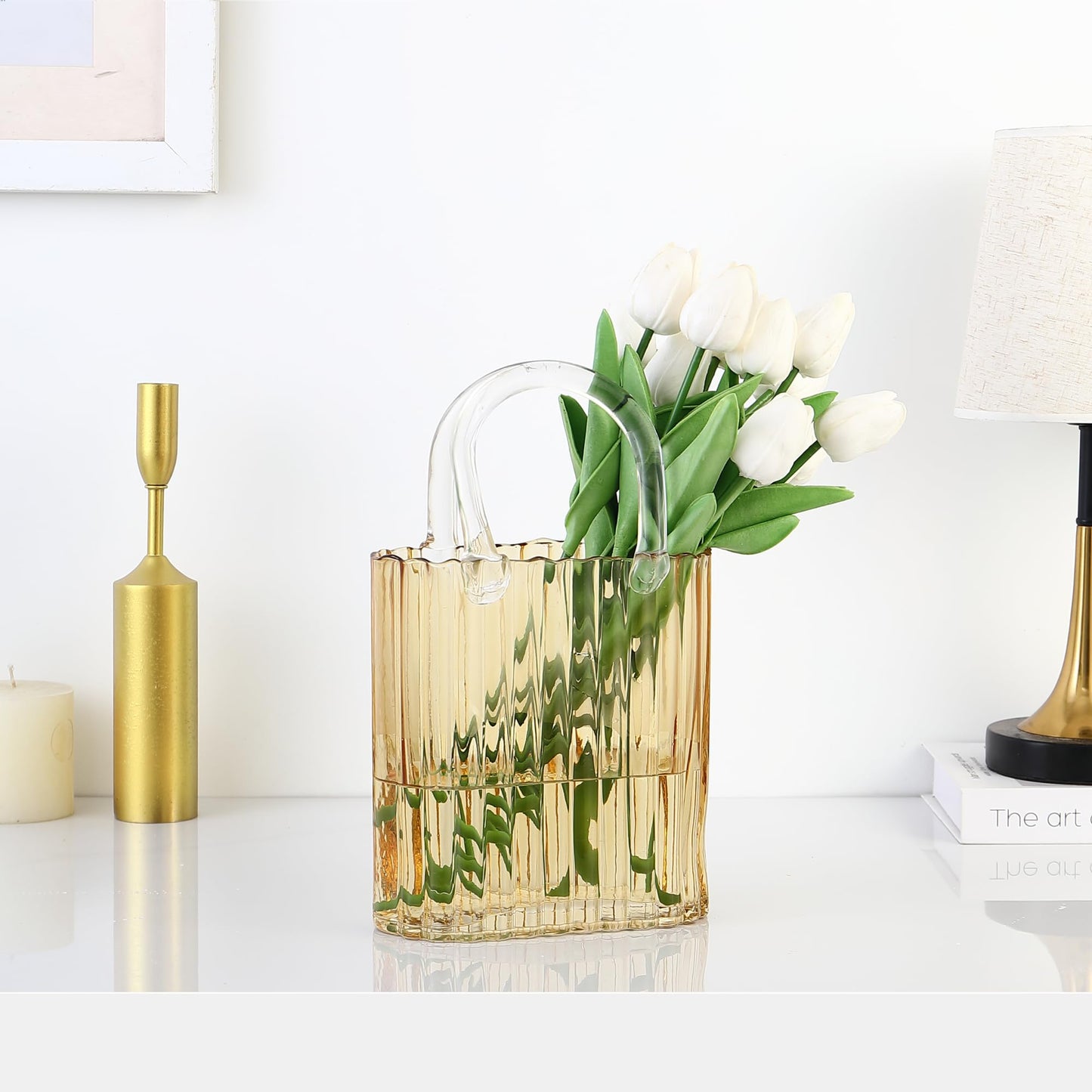 PORPAN Purse Vase, Glass Bag Vase, Glass Purse Vase for Flowers, Amber Glass Vase, 11.2 Inch Large Glass Flower Vases, Ribbed Vases for Wedding, Living Room, Bedroom, Table, Office