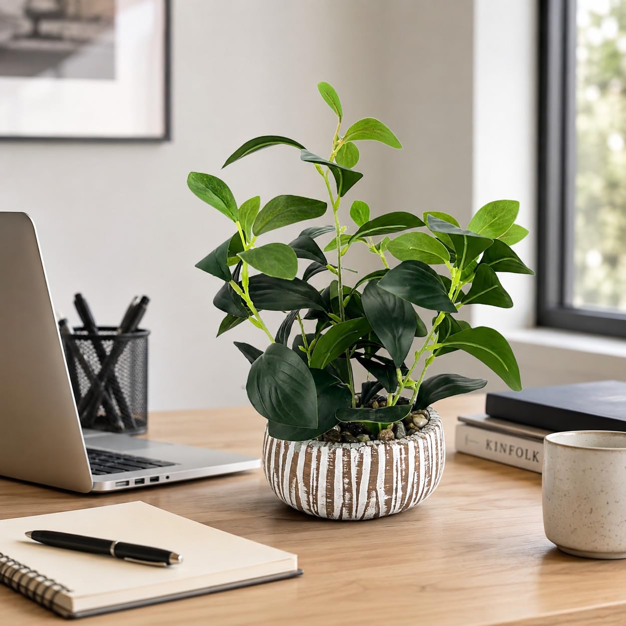 FLRLIVING Artificial Potted Plants Life-Like Fake Plant with Farmhouse-Style Cement Planter Feturing Light Wood Tone for Room Bathroom Bedroom Kitchen Office Dese Coffee Table Décor (12.8inch)